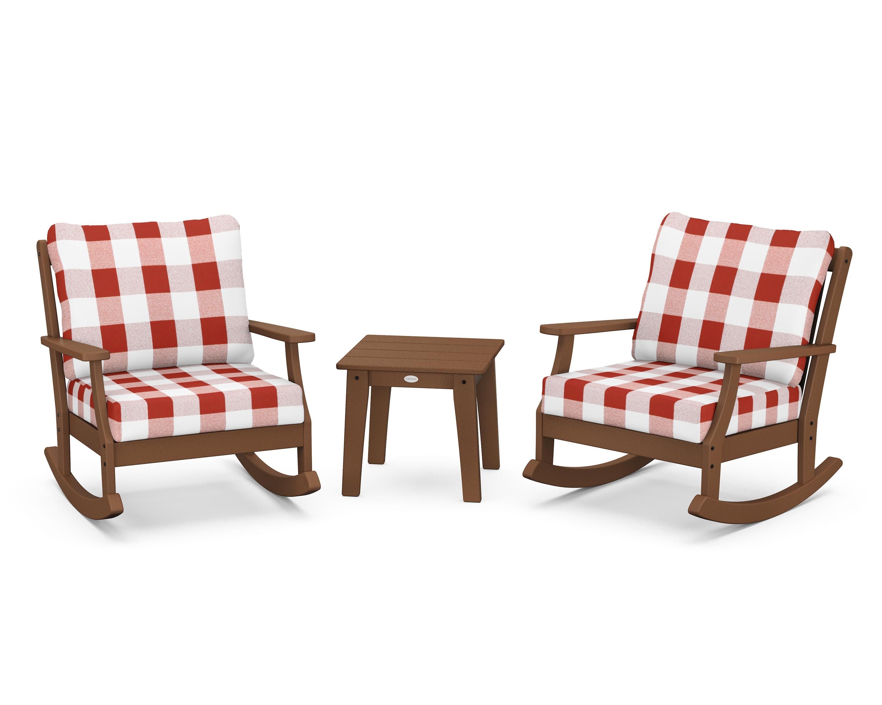 Braxton 3-Piece Deep Seating Rocker Set in Teak / Buffalo Plaid Crimson