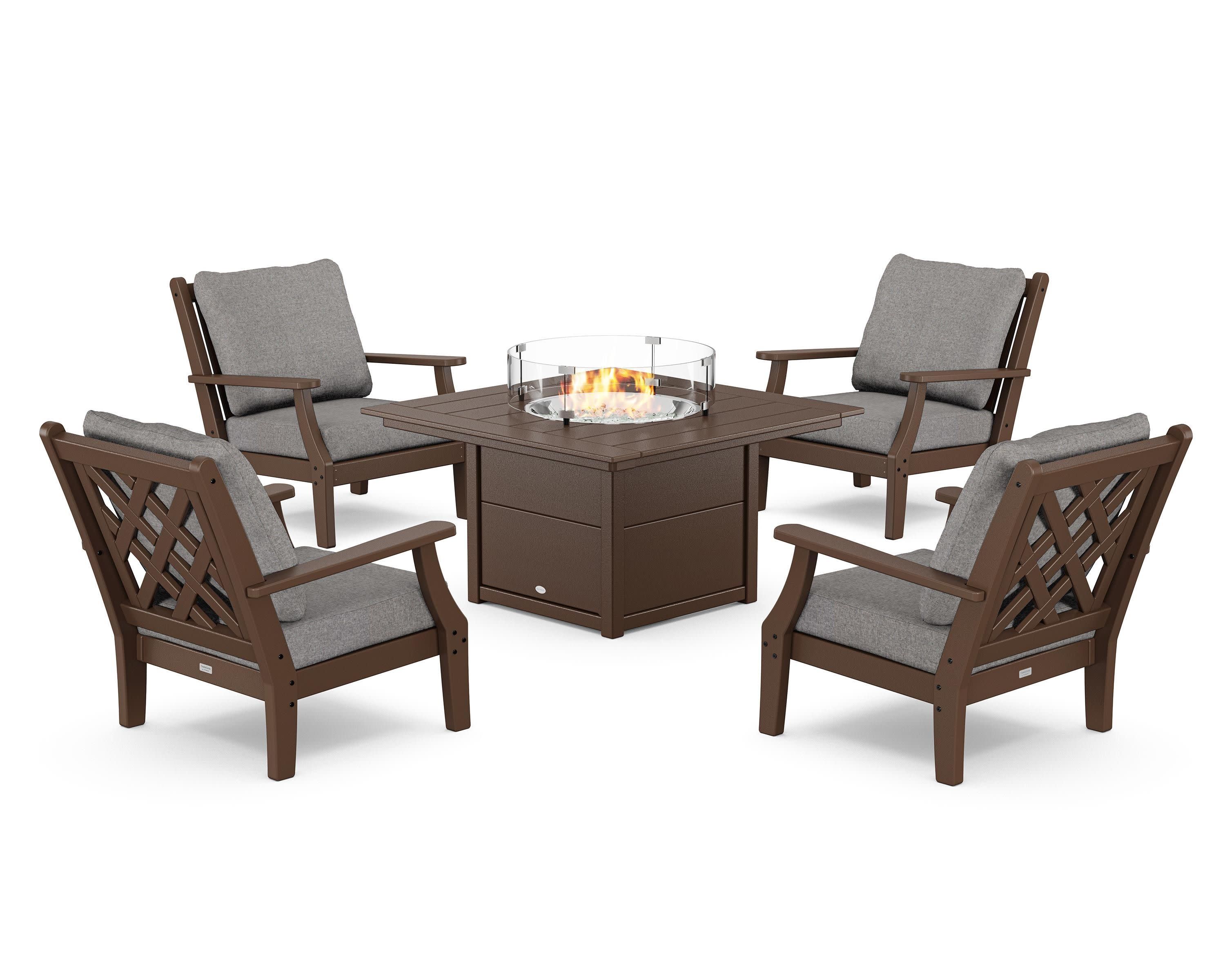 Wovendale 5-Piece Deep Seating Set with Fire Pit Table in Mahogany / Grey Mist
