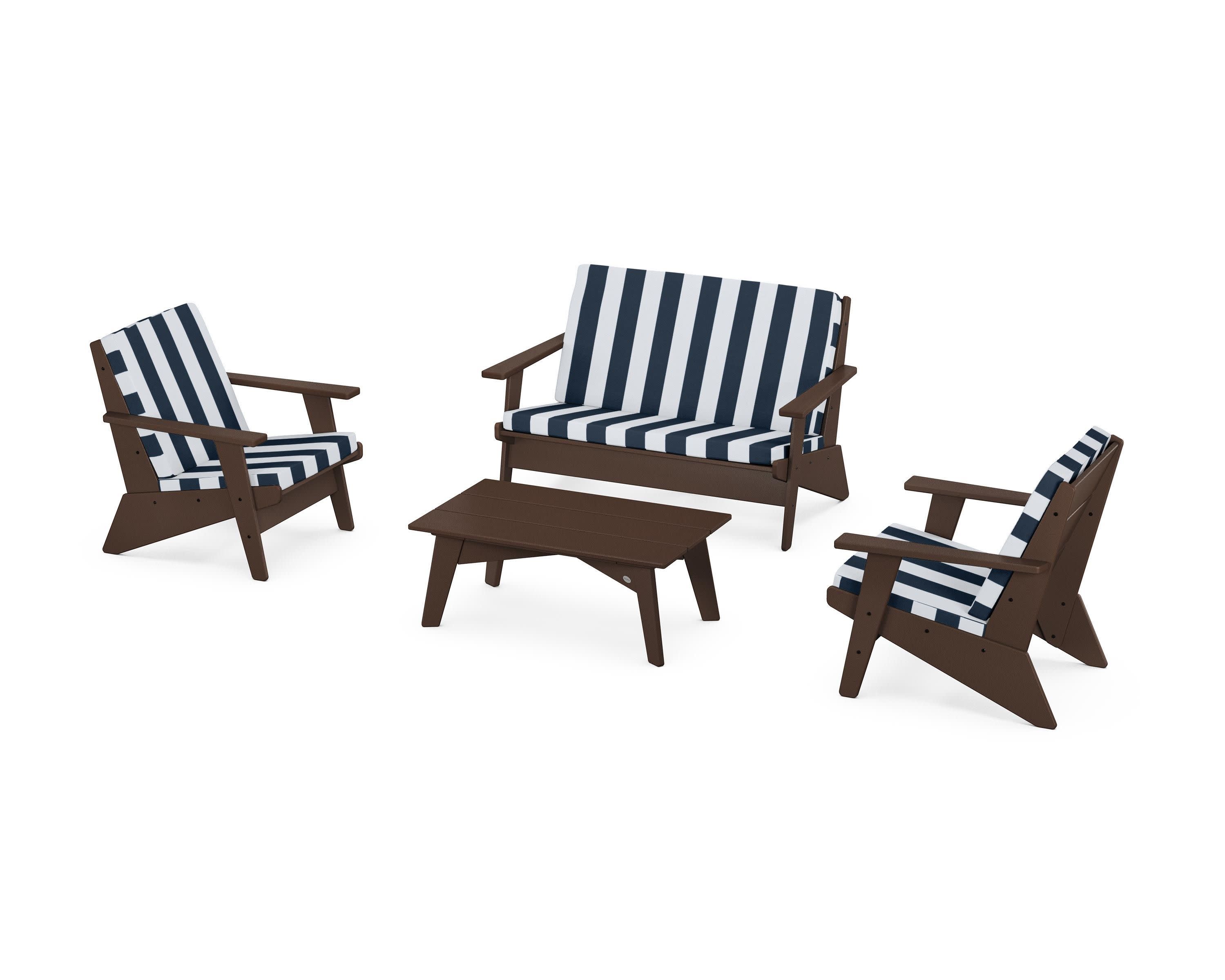 Riviera Modern Lounge 4-Piece Set in Mahogany / Cabana Stripe Marine Indigo
