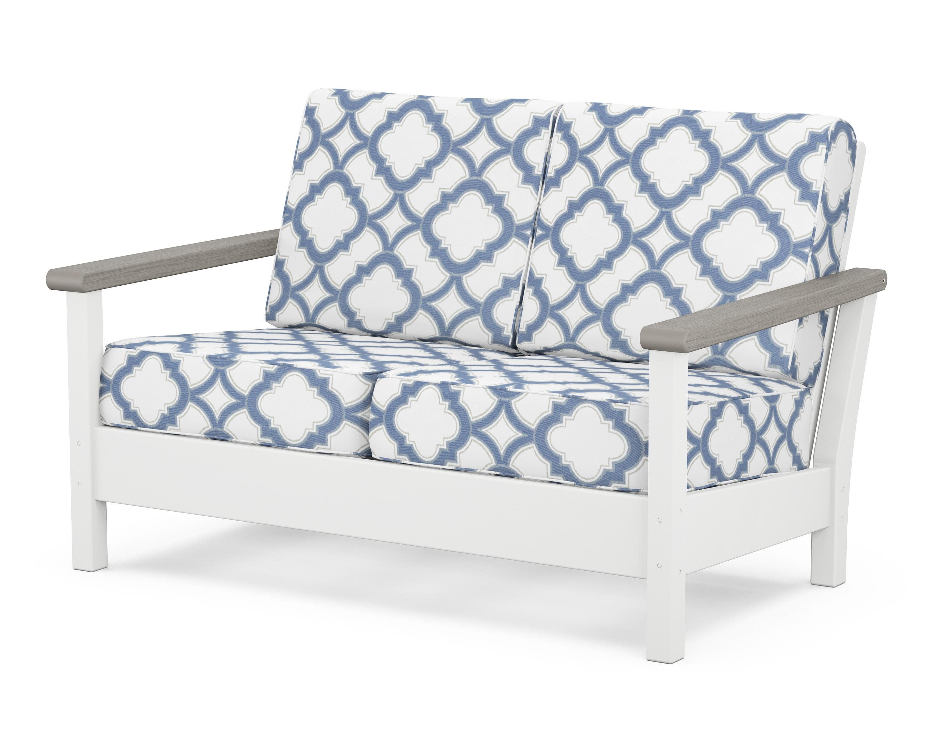 Harbour Deep Seating Loveseat in White / Driftwood / Trellis Sky Blue