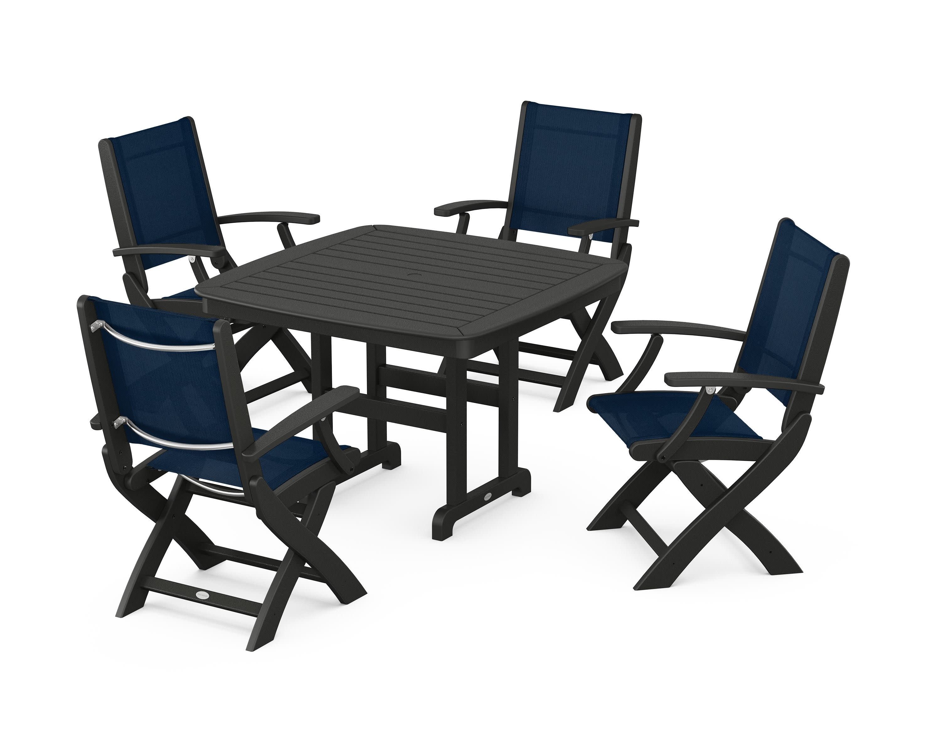 Coastal Folding Chair 5-Piece Dining Set in Black / Navy Blue Sling