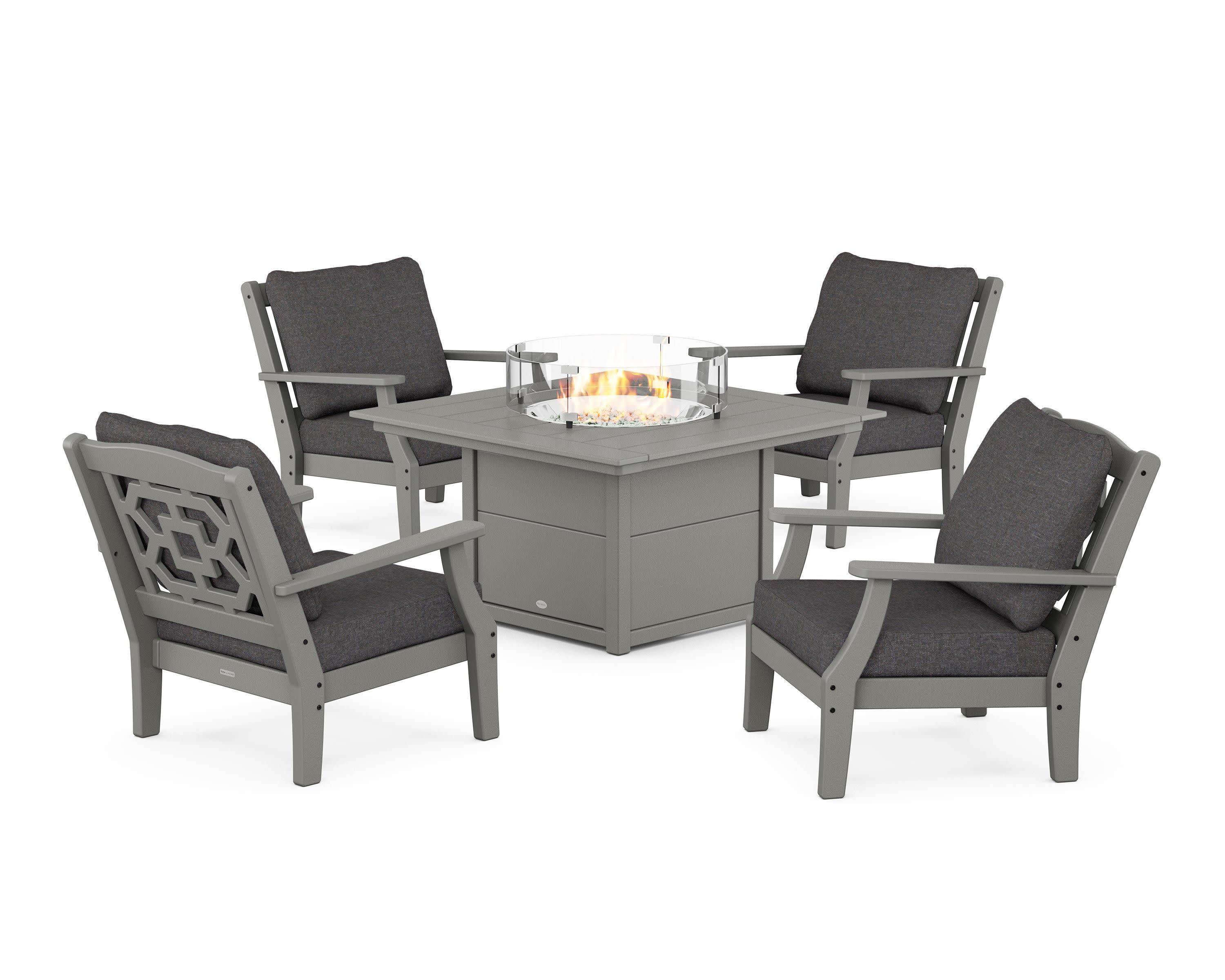 Chinoiserie 5-Piece Deep Seating Set with Fire Pit Table in Slate Grey / Ash Charcoal