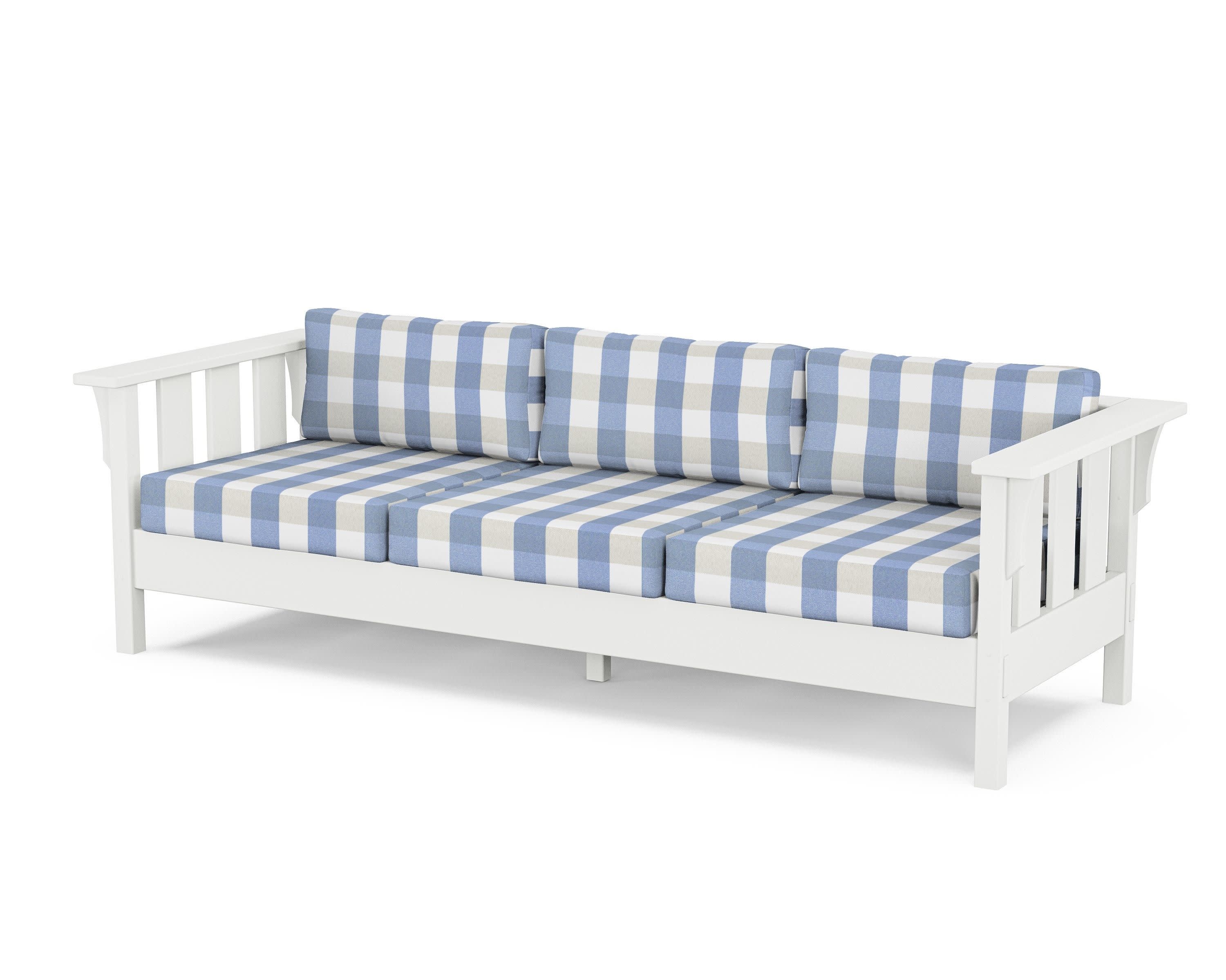 Acadia Deep Seating Sofa in White / Buffalo Plaid Sky Blue