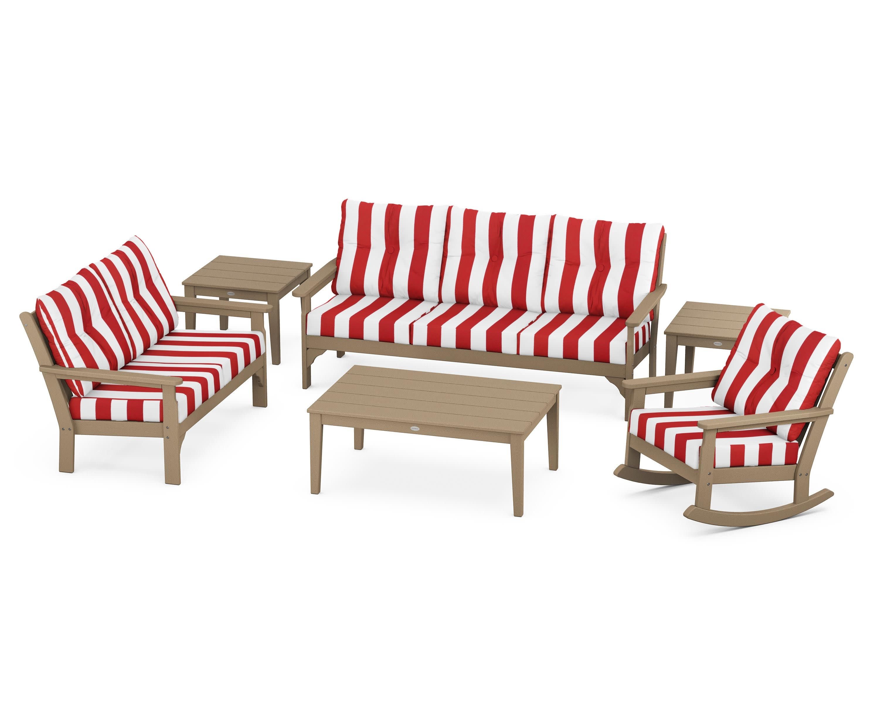 Vineyard 6-Piece Deep Seating Set in Vintage Sahara / Cabana Stripe Crimson