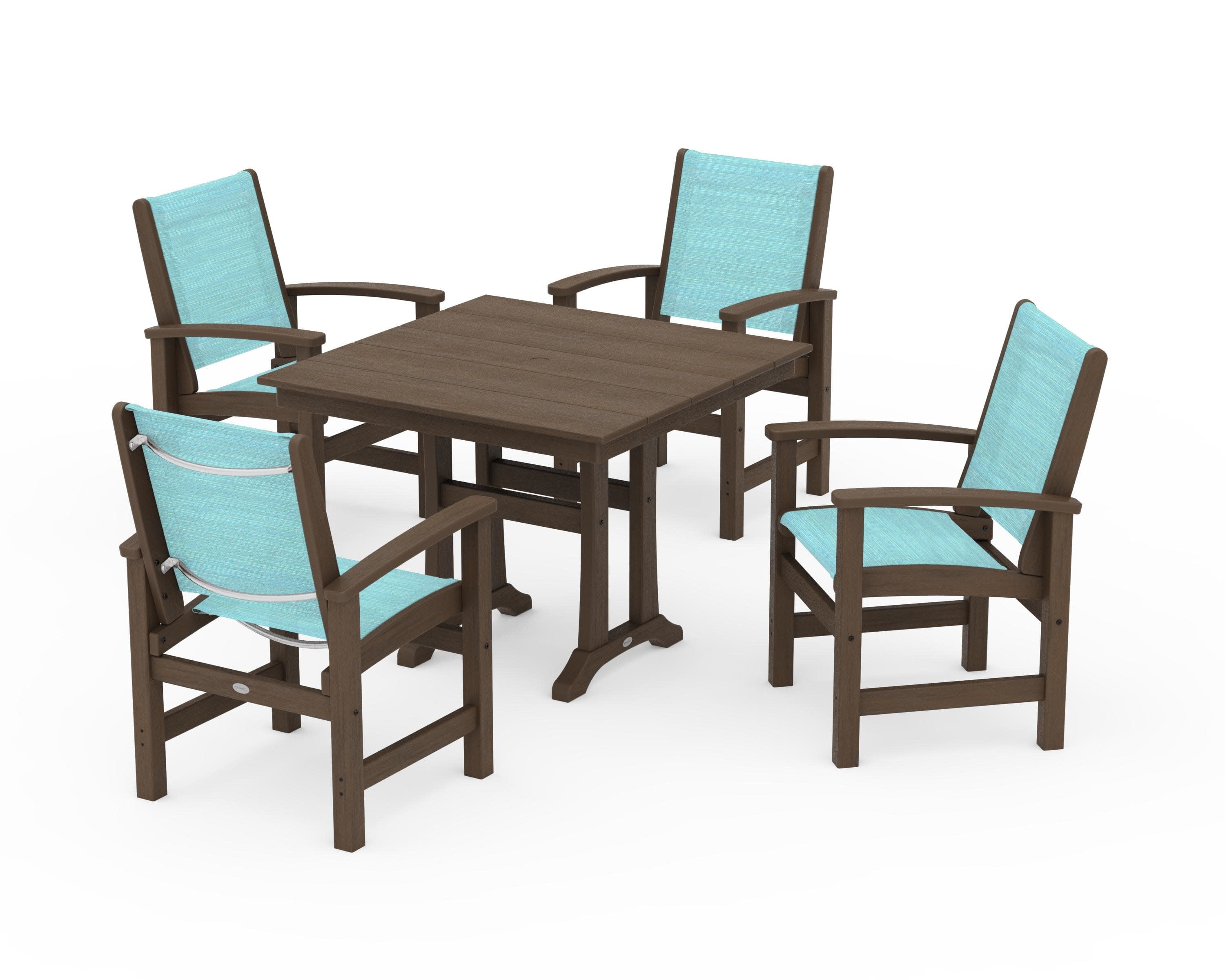 Coastal 5-Piece Farmhouse Dining Set With Trestle Legs in Kona / Dupioni Aquamarine Sling
