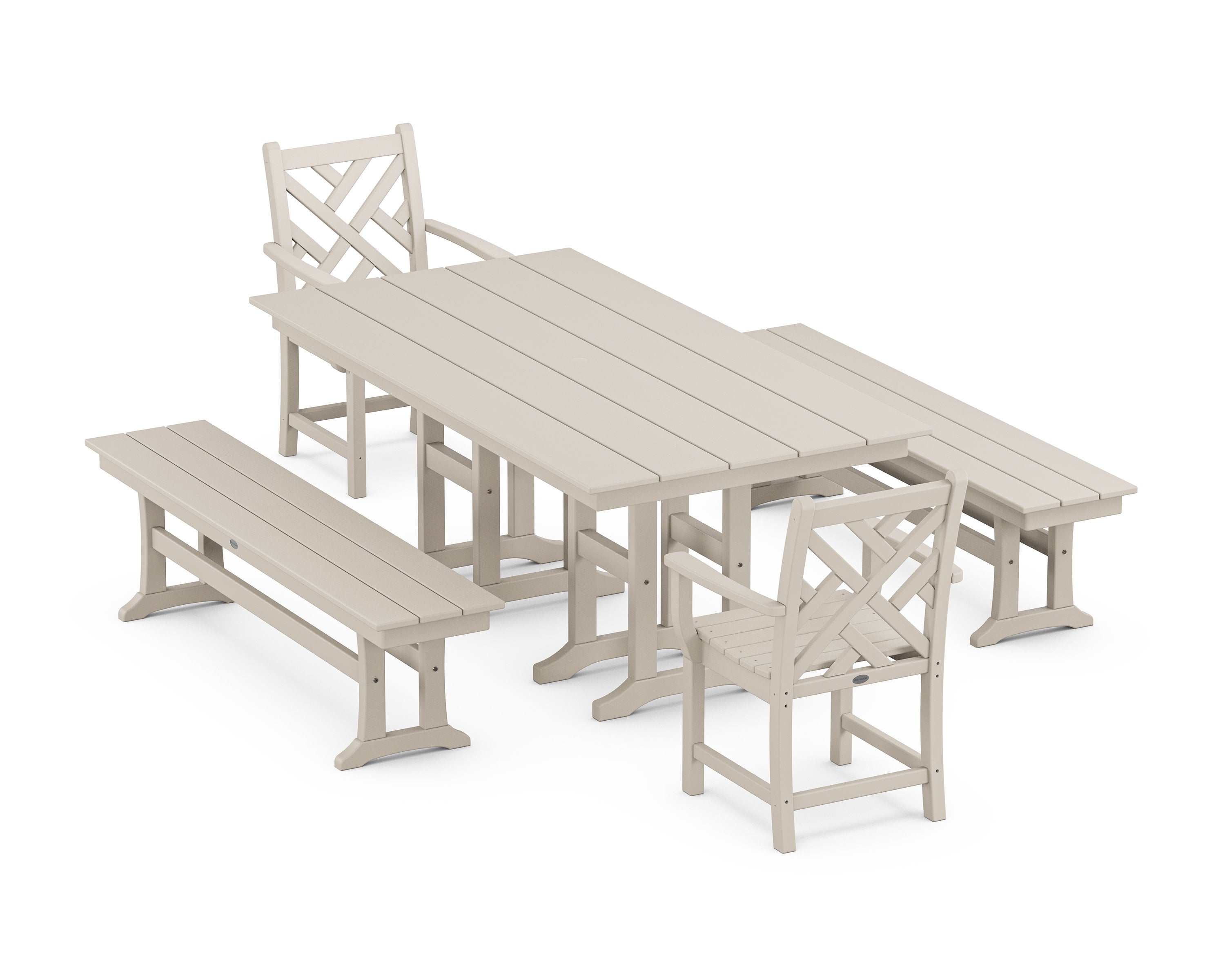 Chippendale 5-Piece Farmhouse Dining Set with Benches in Sand