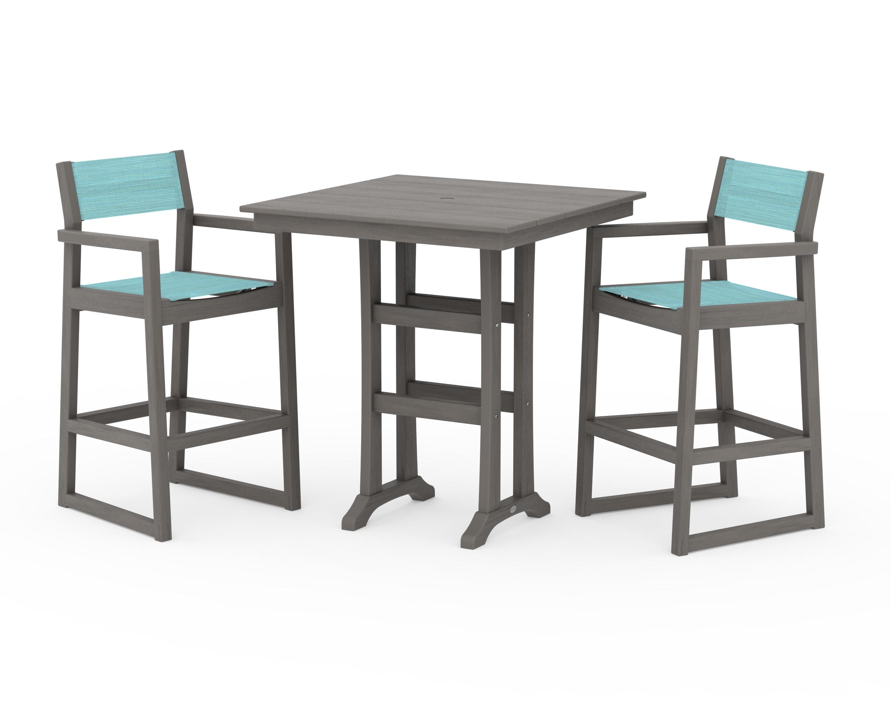 EDGE Sling Arm Chair 3-Piece Farmhouse Bar Set with Trestle Legs in Driftwood / Dupioni Aquamarine Sling