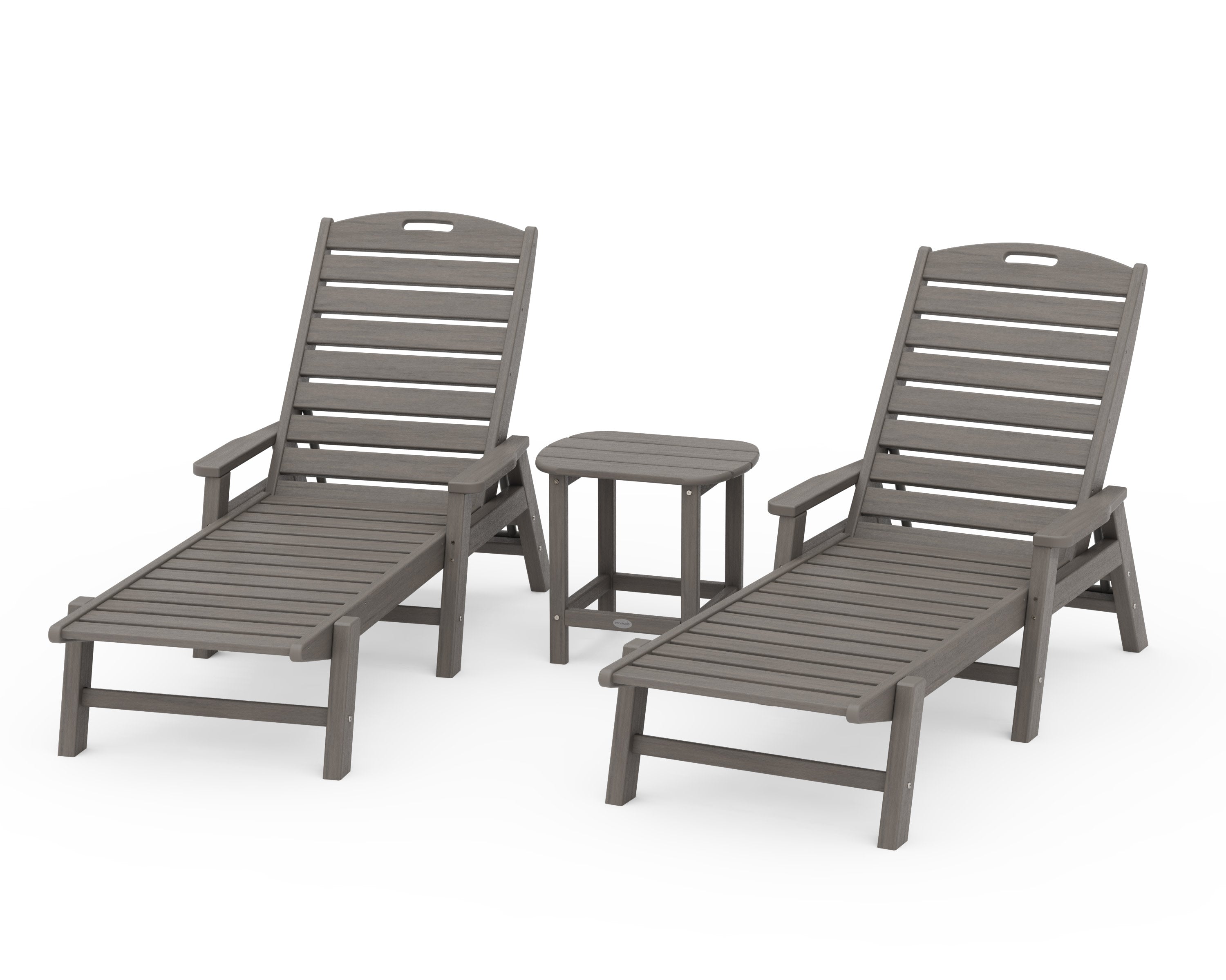 Nautical 3-Piece Chaise Lounge with Arms Set with South Beach 18" Side Table in Driftwood