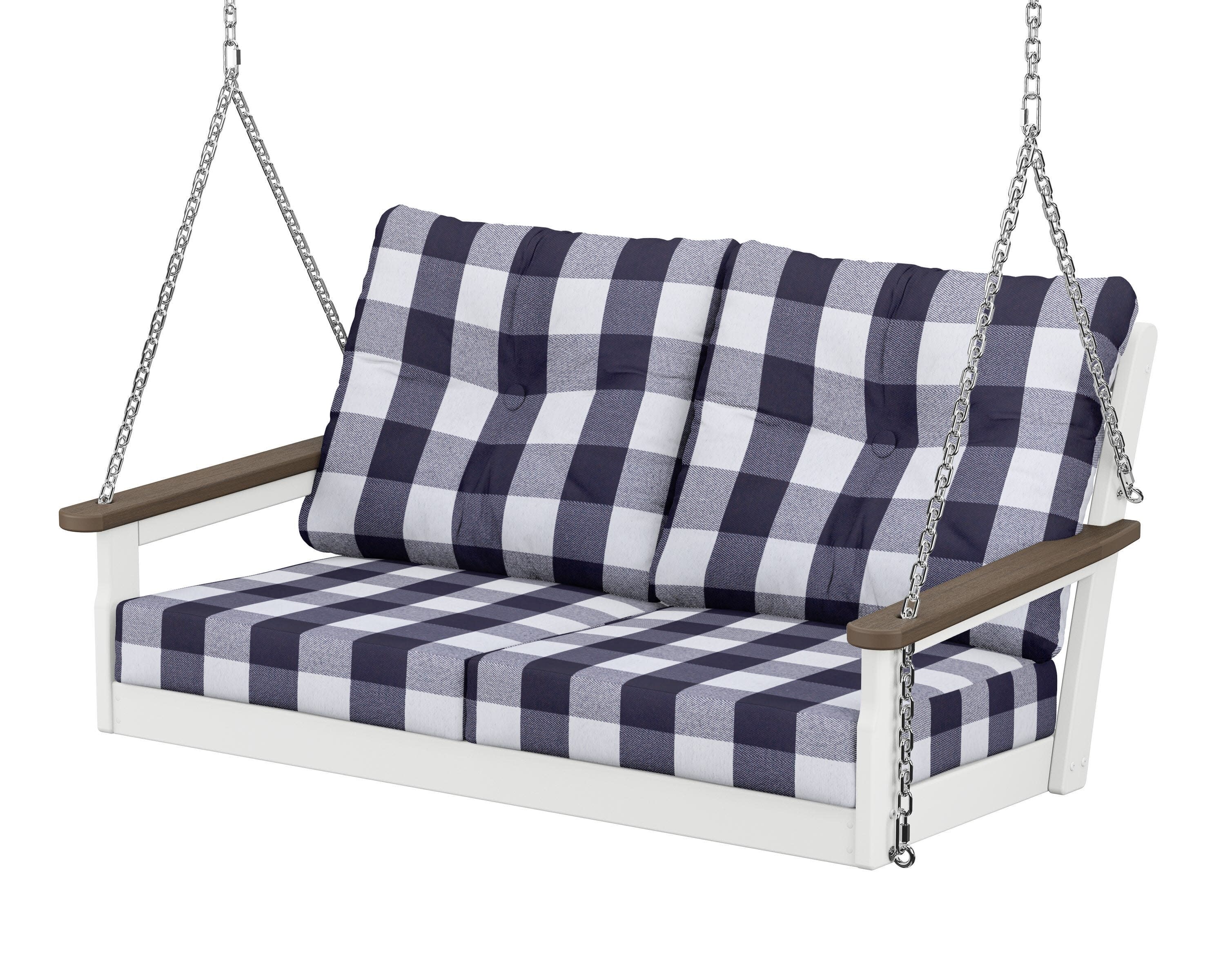 Vineyard Deep Seating Swing in White / Kona / Buffalo Plaid Navy
