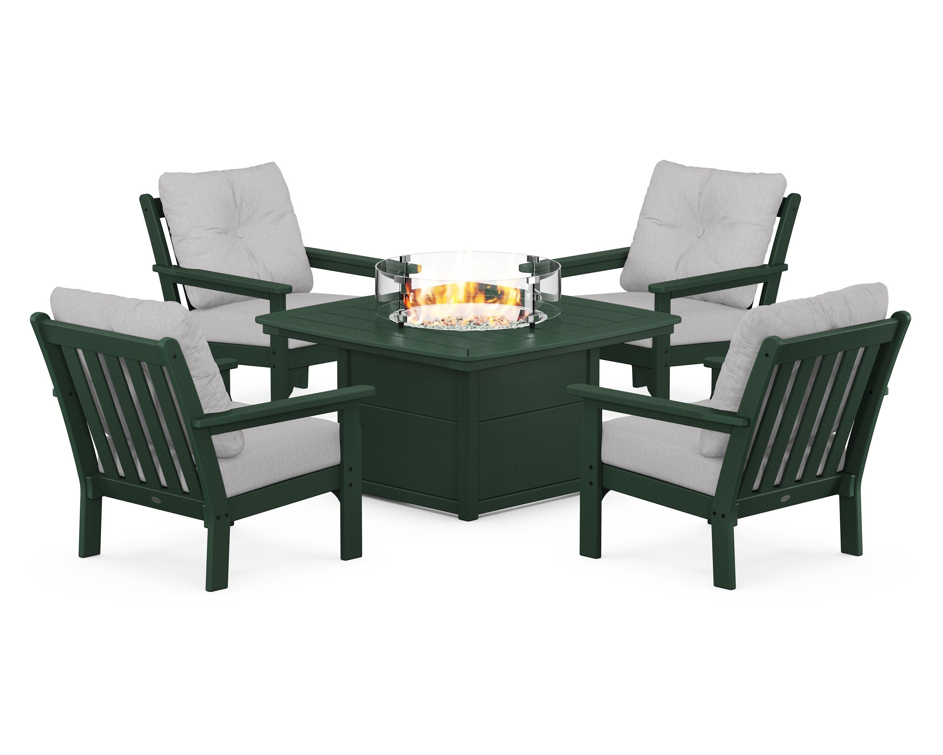 Vineyard 5-Piece Conversation Set with Fire Pit Table in Green / Granite