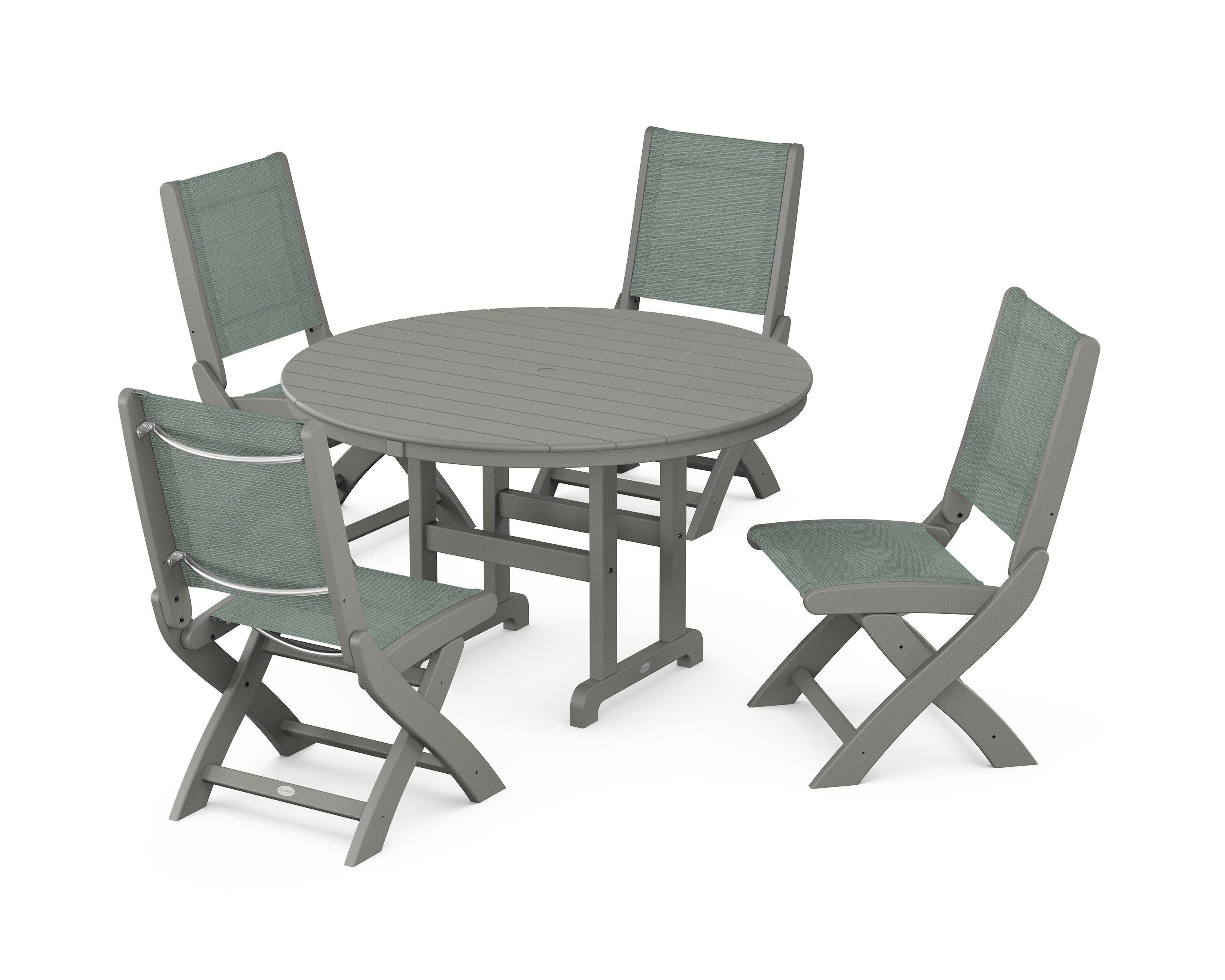 Coastal Folding Side Chair 5-Piece Round Dining Set in Slate Grey / Dupioni Sea Mist Sling