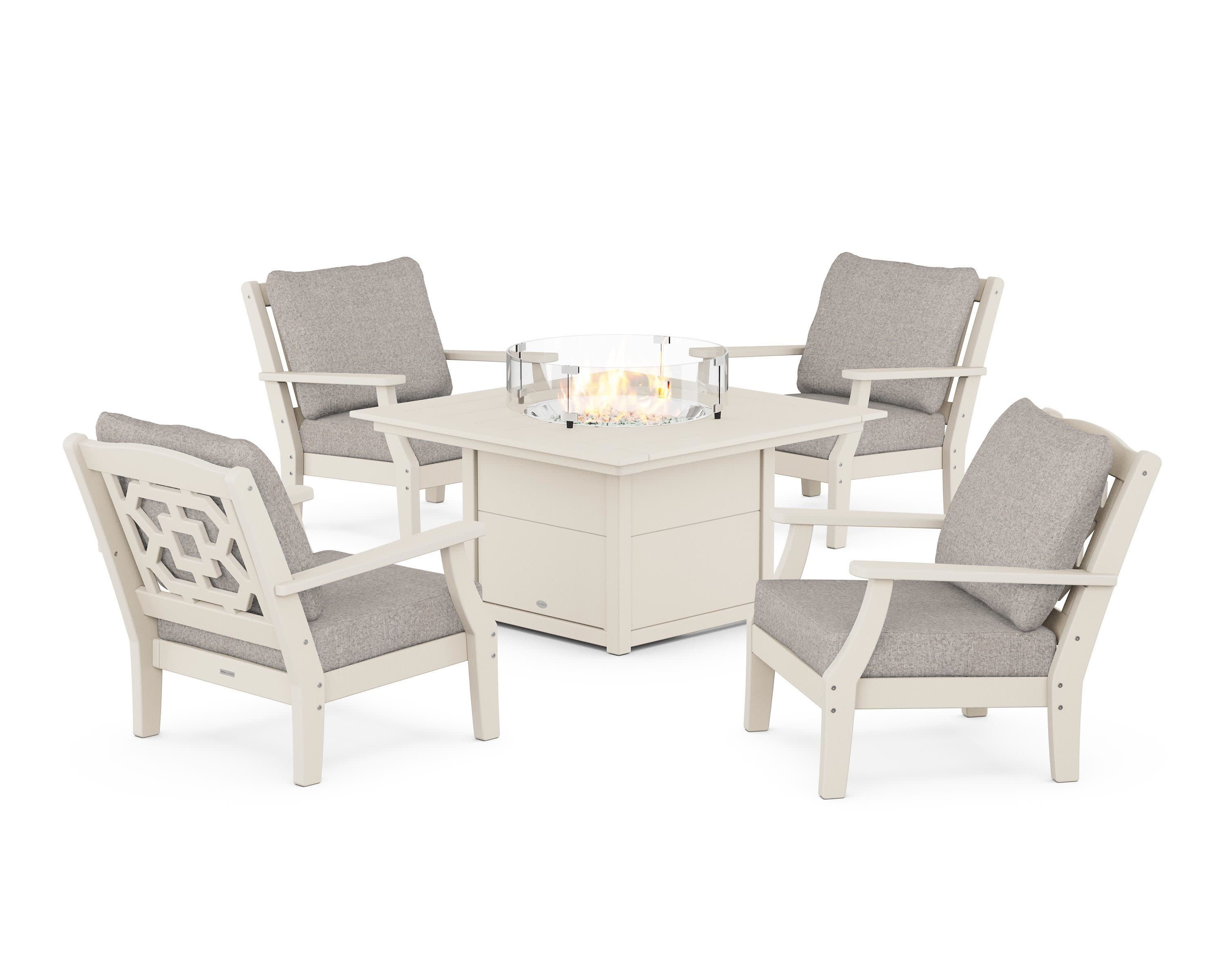 Chinoiserie 5-Piece Deep Seating Set with Fire Pit Table in Sand / Weathered Tweed