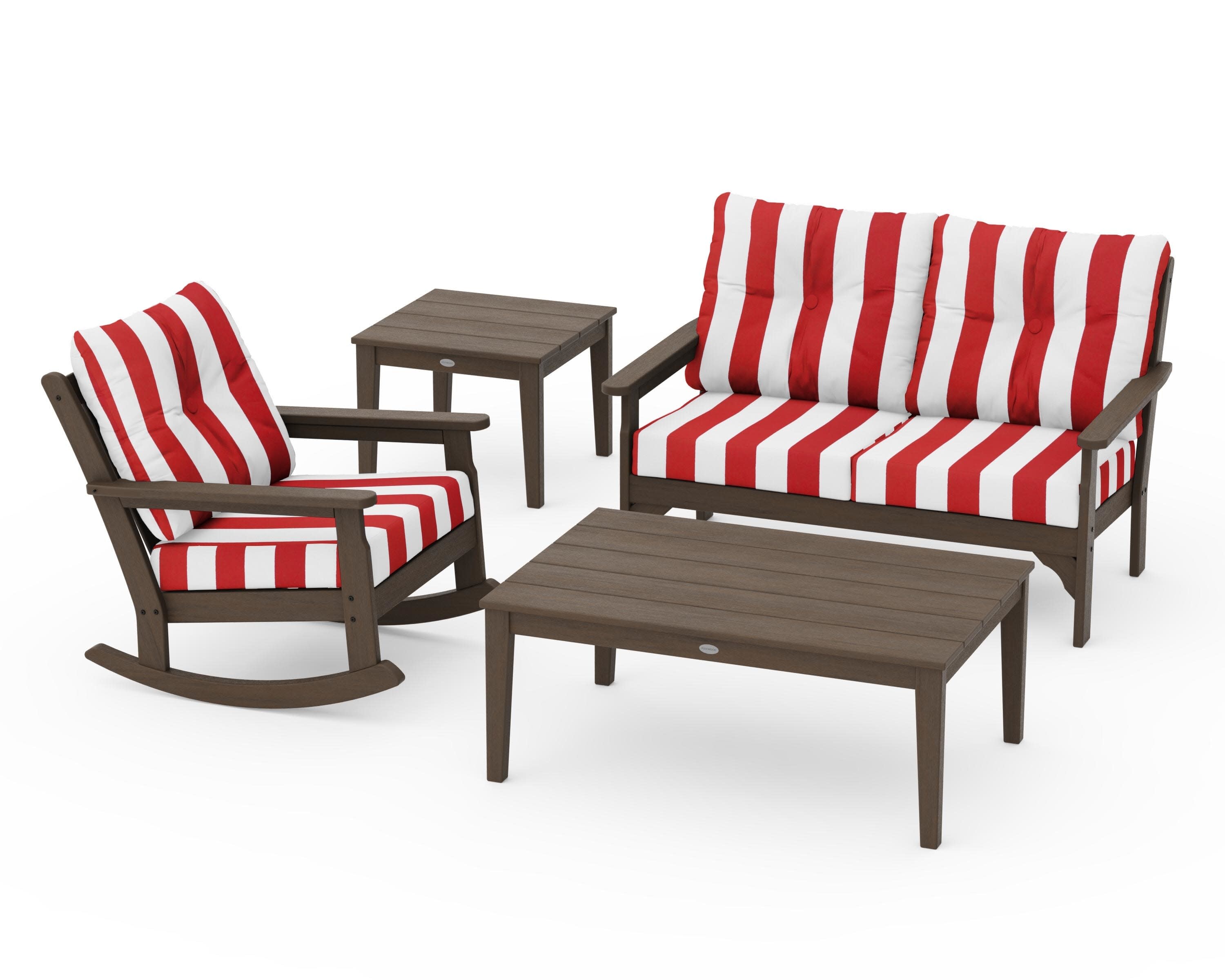 Vineyard 4-Piece Deep Seating Rocker Set in Kona / Cabana Stripe Crimson
