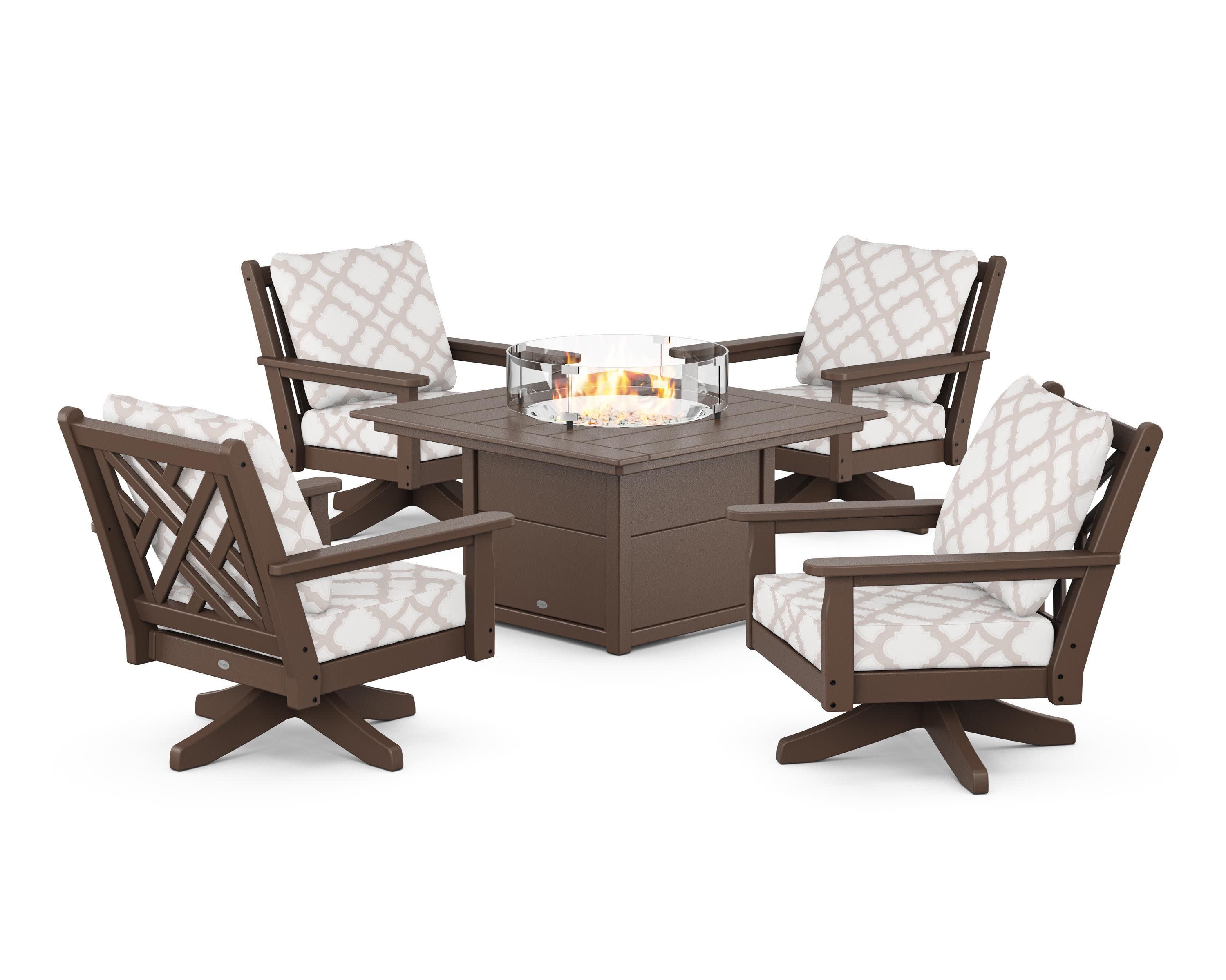 Chippendale 5-Piece Deep Seating Swivel Conversation Set with Fire Pit Table in Mahogany / Trellis Dune Burlap