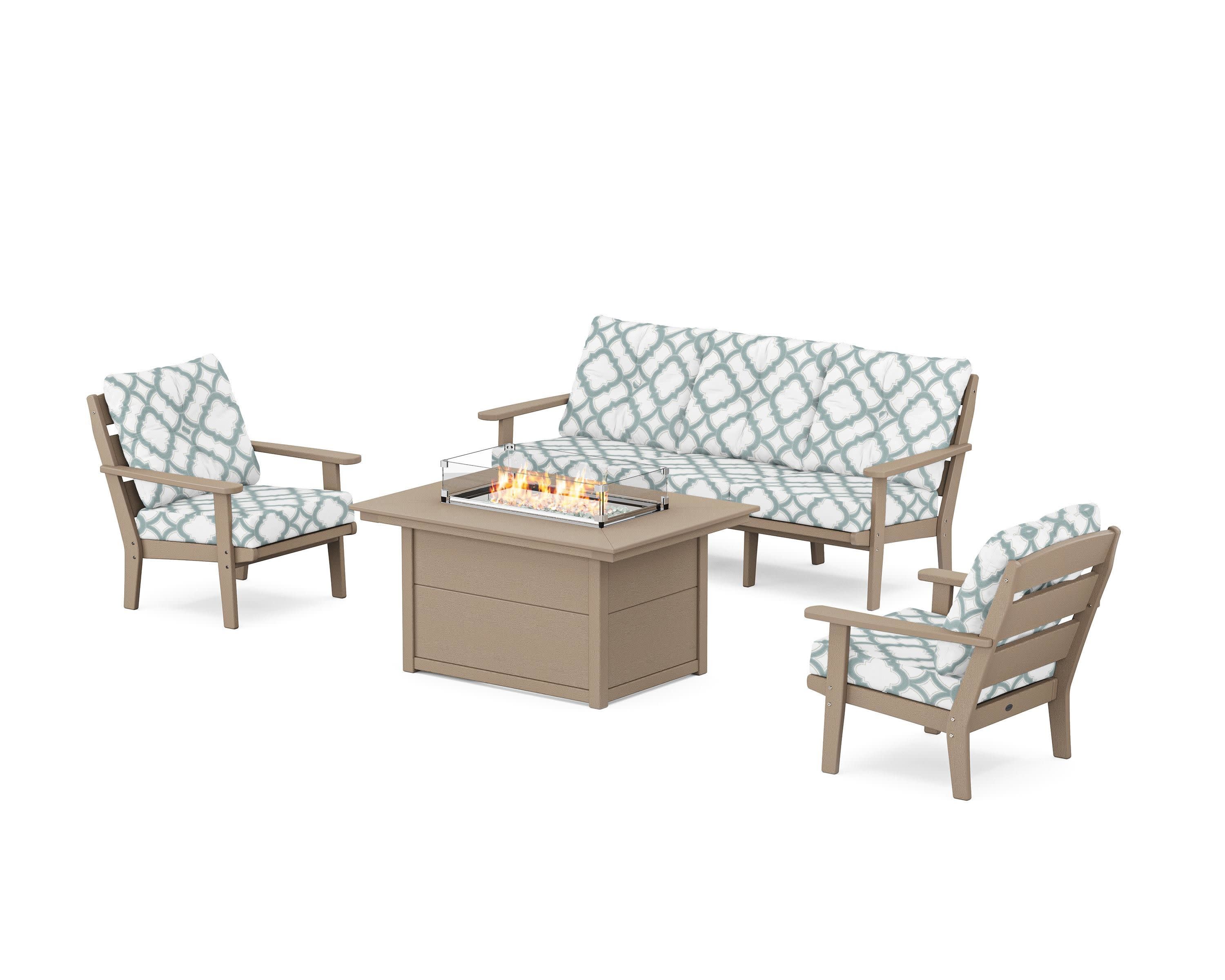Lakeside Deep Seating Fire Pit Table Set in Vintage Sahara / Trellis Glacier Spa