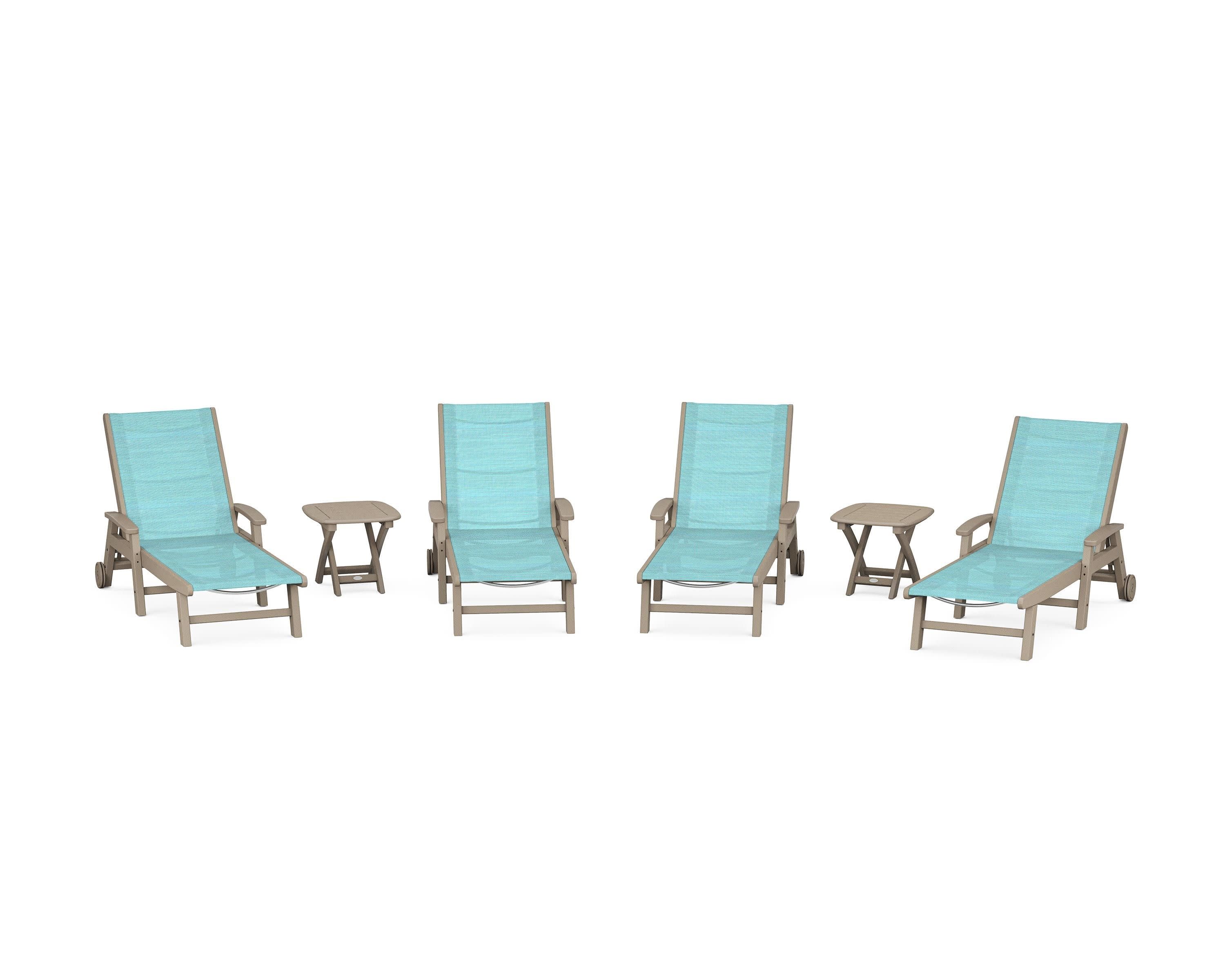 Coastal Chaise 6-Piece Set with Wheels in Vintage Sahara / Dupioni Aquamarine Sling