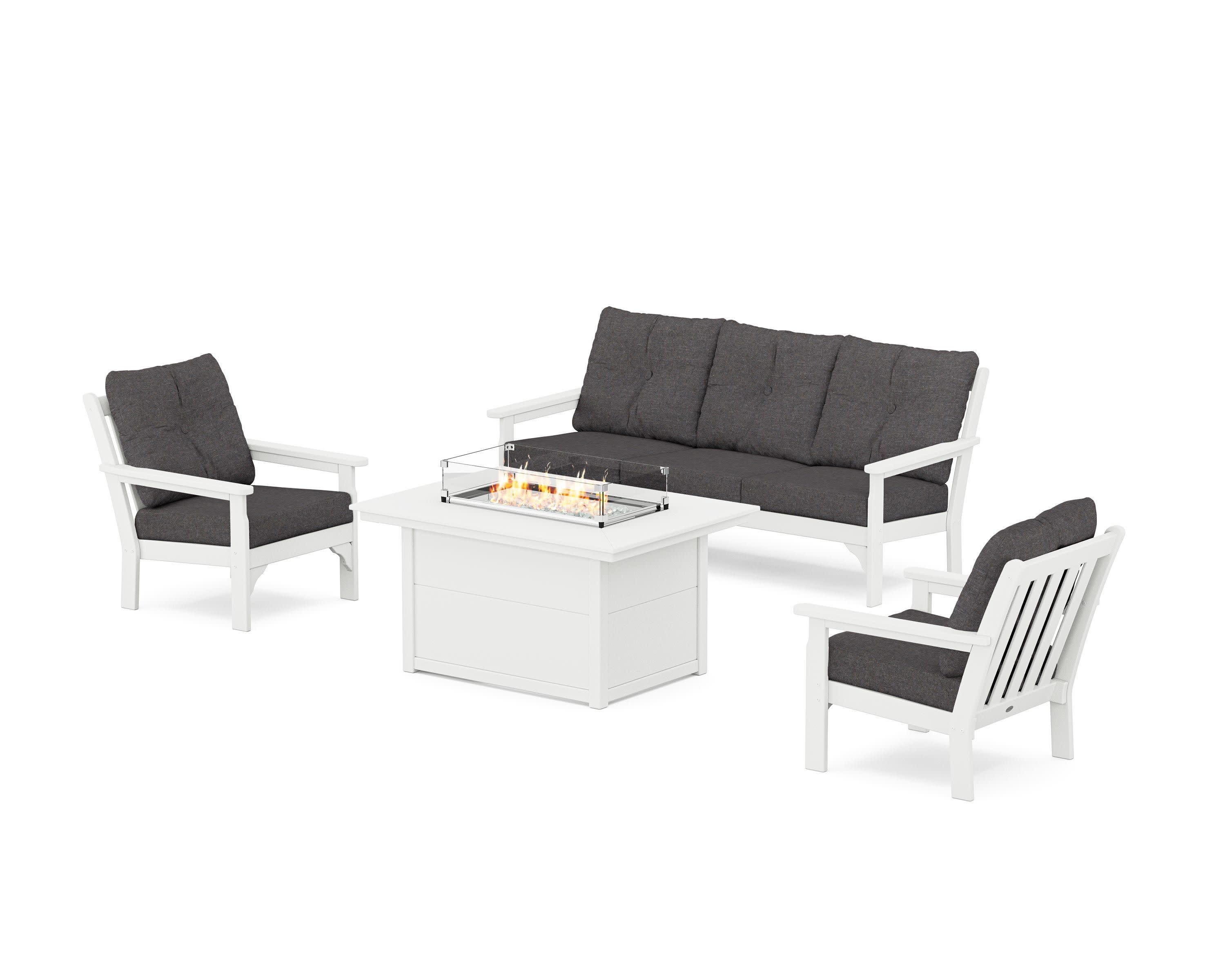 Vineyard Deep Seating Fire Pit Table Set in White / Ash Charcoal