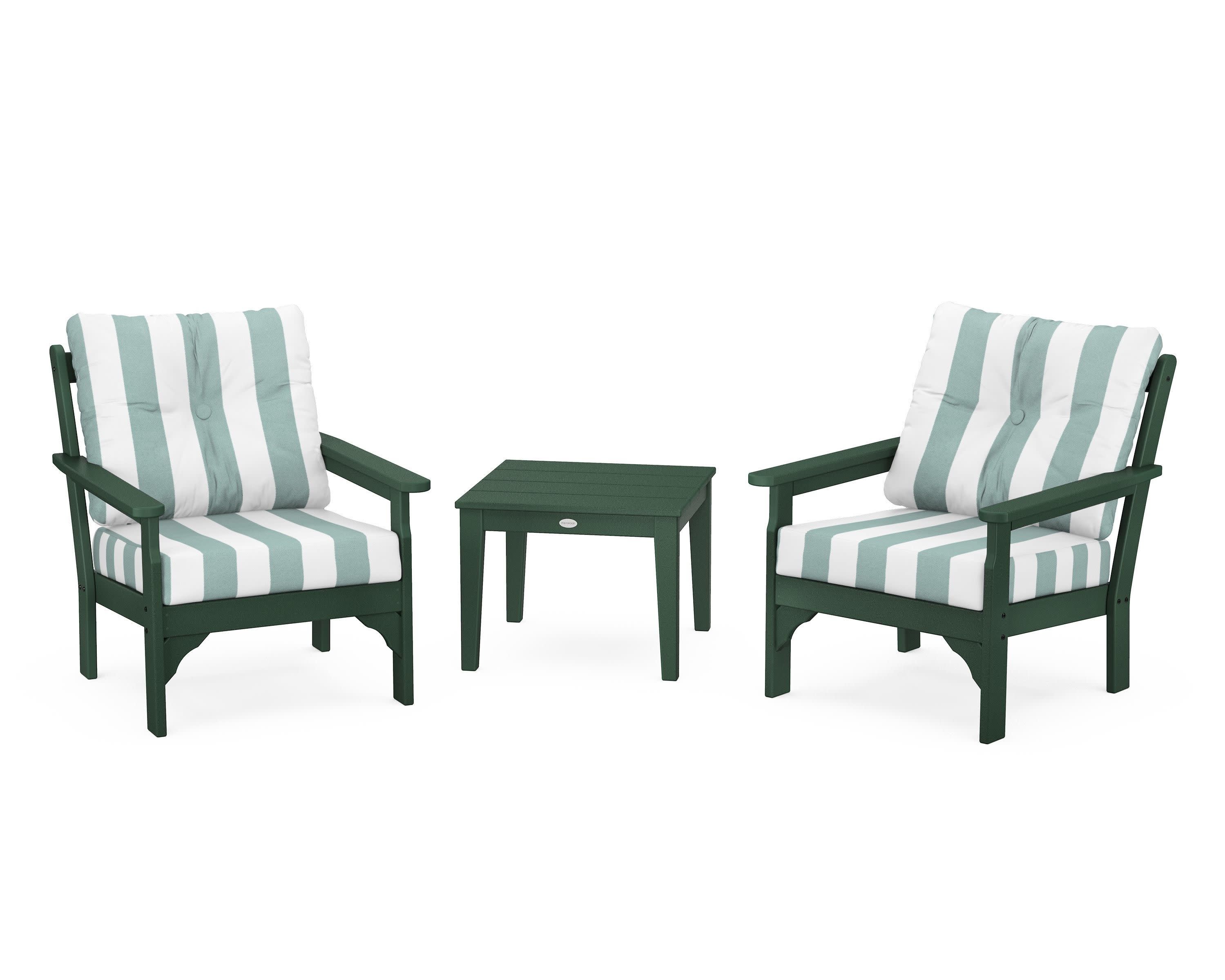 Vineyard 3-Piece Deep Seating Set in Green / Cabana Stripe Glacier Spa
