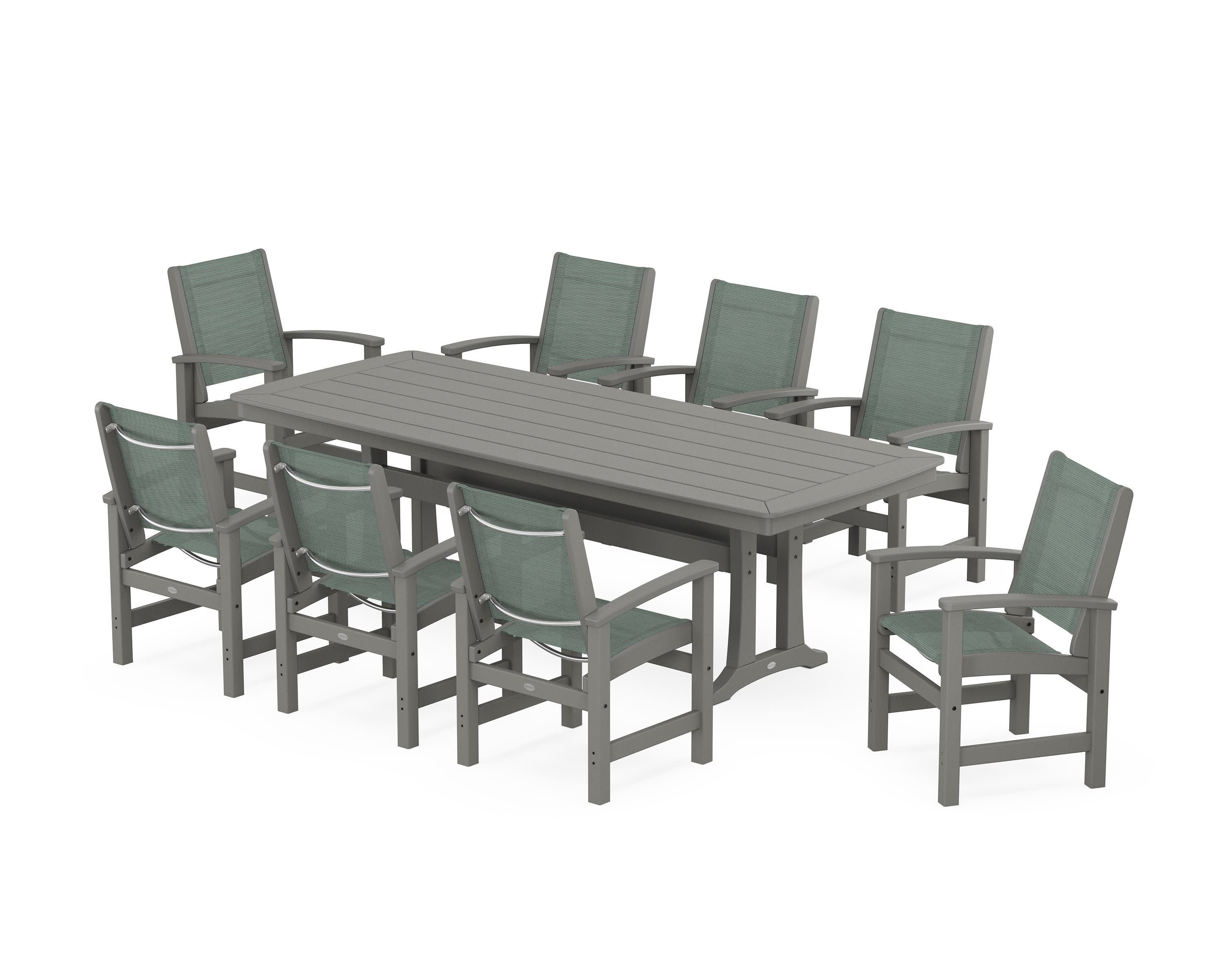 Coastal 9-Piece Dining Set with Trestle Legs in Slate Grey / Dupioni Sea Mist Sling