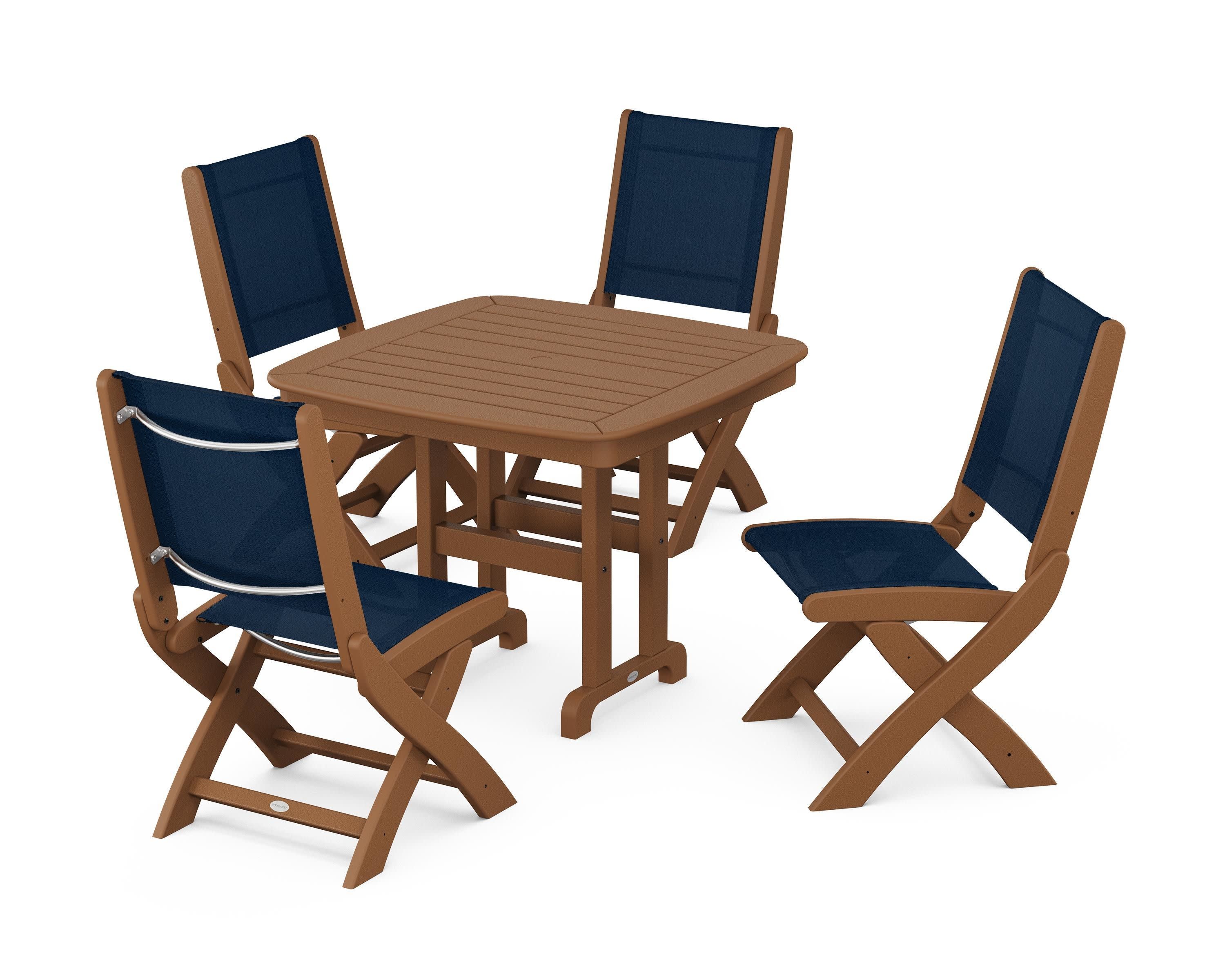 Coastal Folding Side Chair 5-Piece Dining Set in Teak / Navy Blue Sling