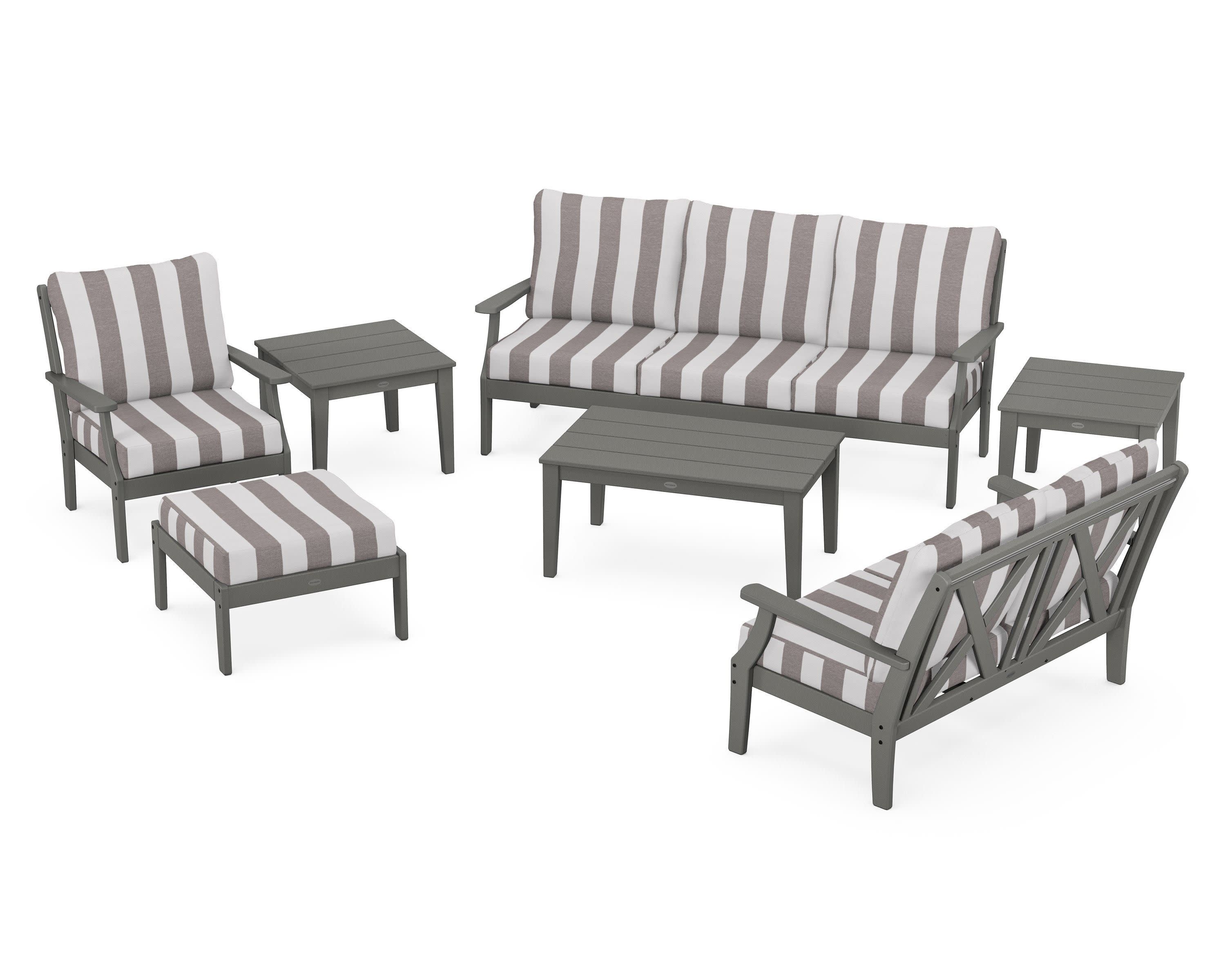 Braxton 7-Piece Deep Seating Set in Slate Grey / Cabana Stripe Grey Mist
