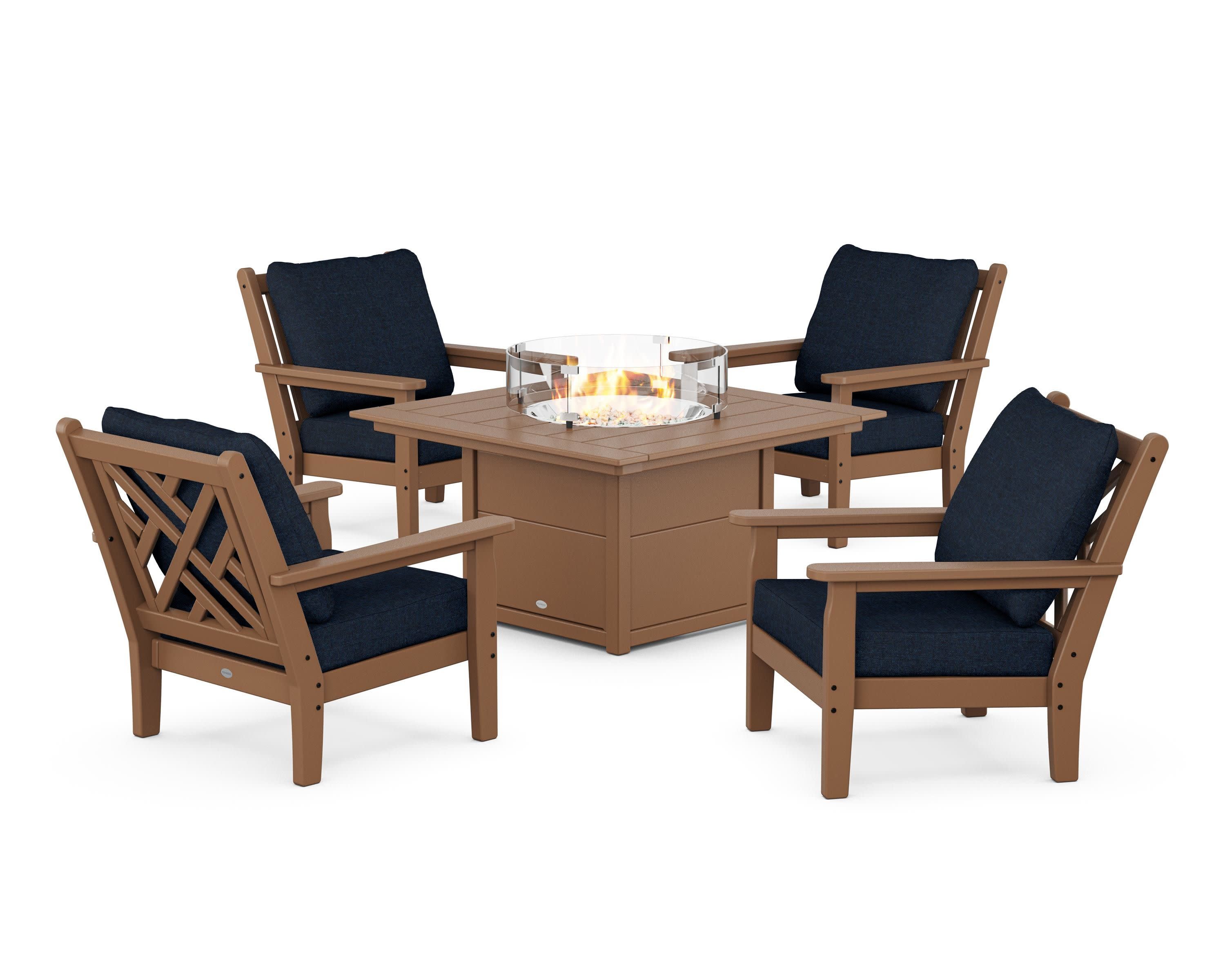 Chippendale 5-Piece Deep Seating Set with Fire Pit Table in Teak / Marine Indigo