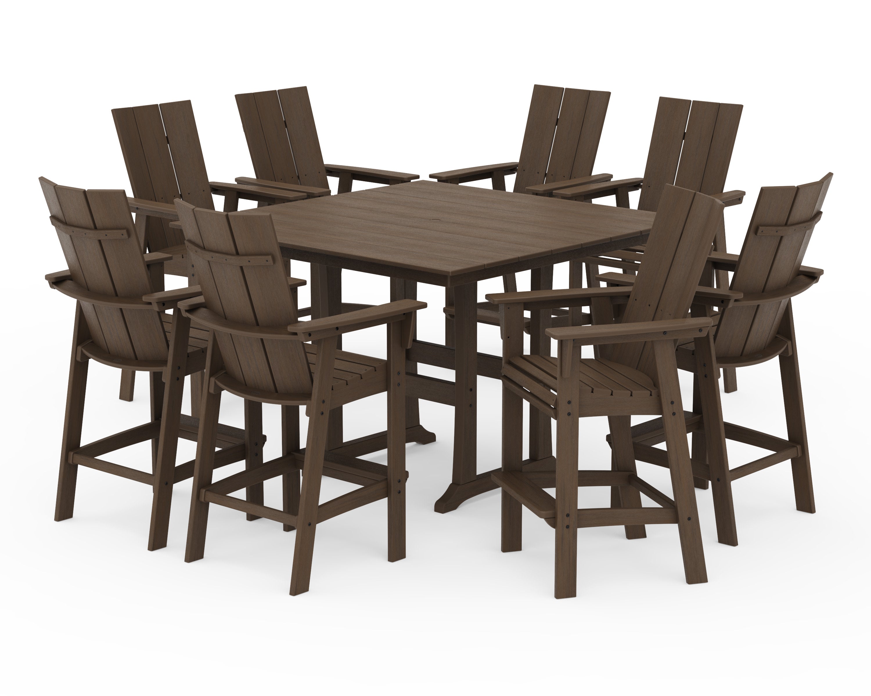 Modern Curveback Adirondack 9-Piece Farmhouse Trestle Bar Set in Kona
