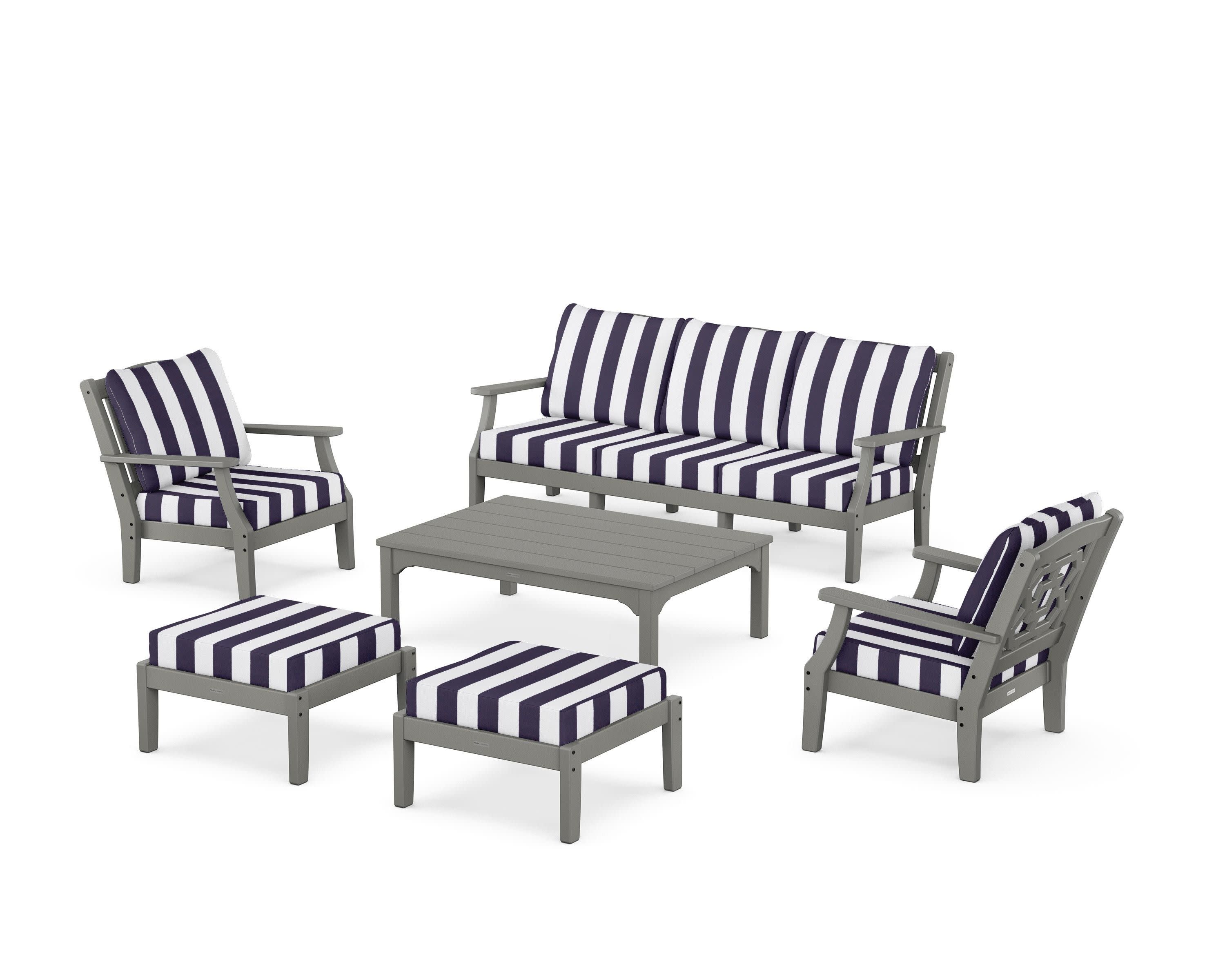 Chinoiserie 6-Piece Lounge Sofa Set in Slate Grey / Cabana Stripe Navy