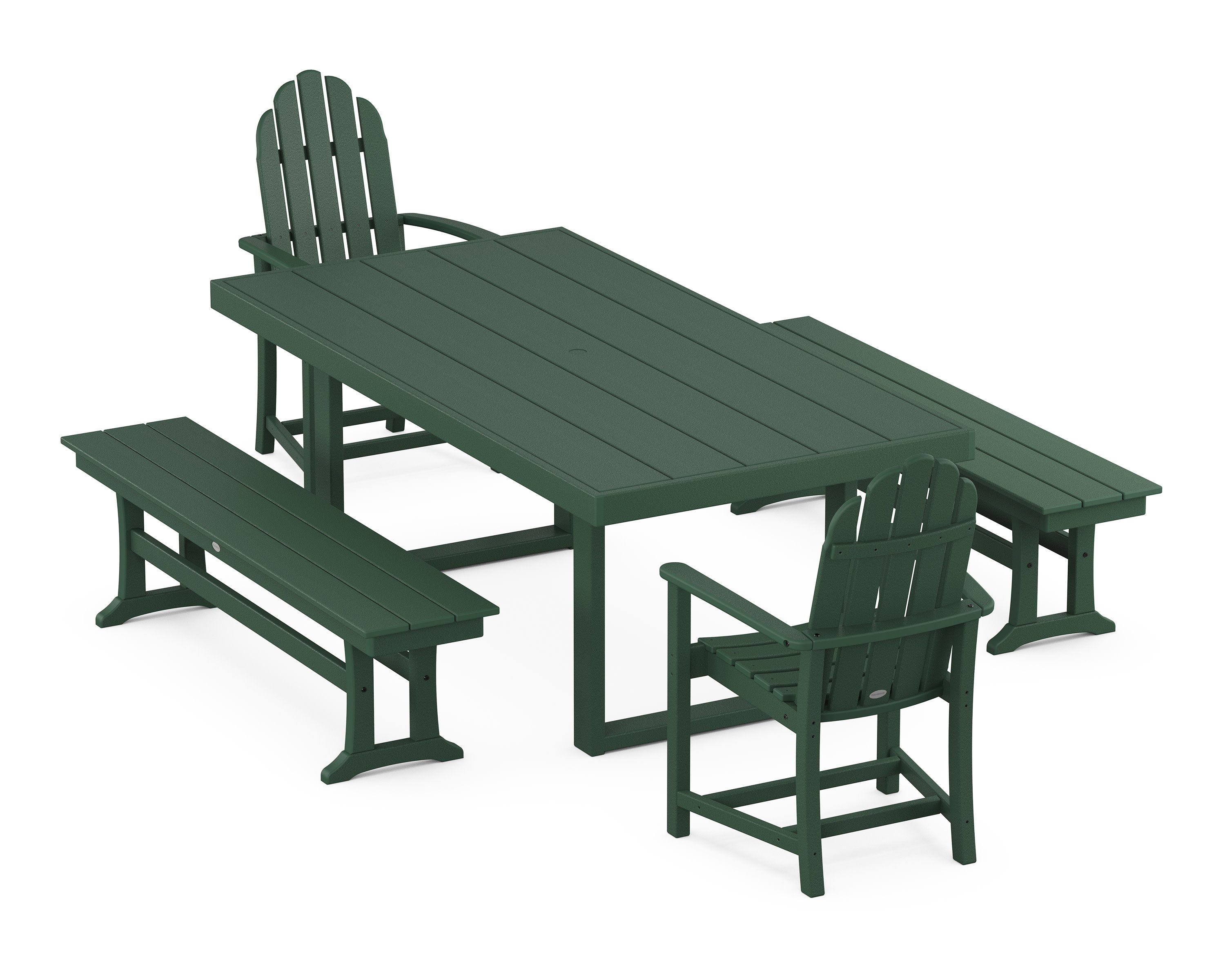 Classic Adirondack 5-Piece Dining Set with Benches in Green