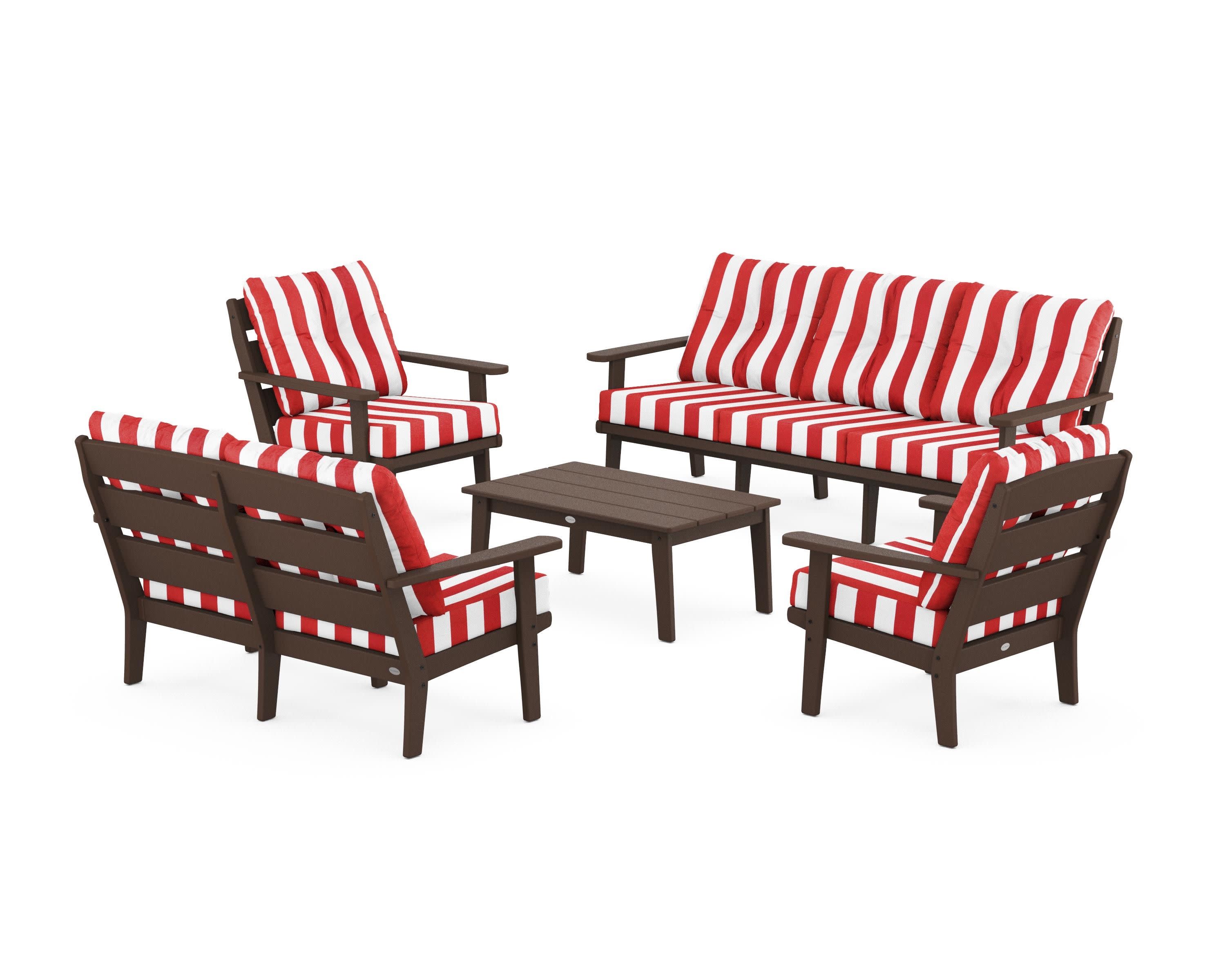 Lakeside 5-Piece Lounge Sofa Set in Mahogany / Cabana Stripe Crimson