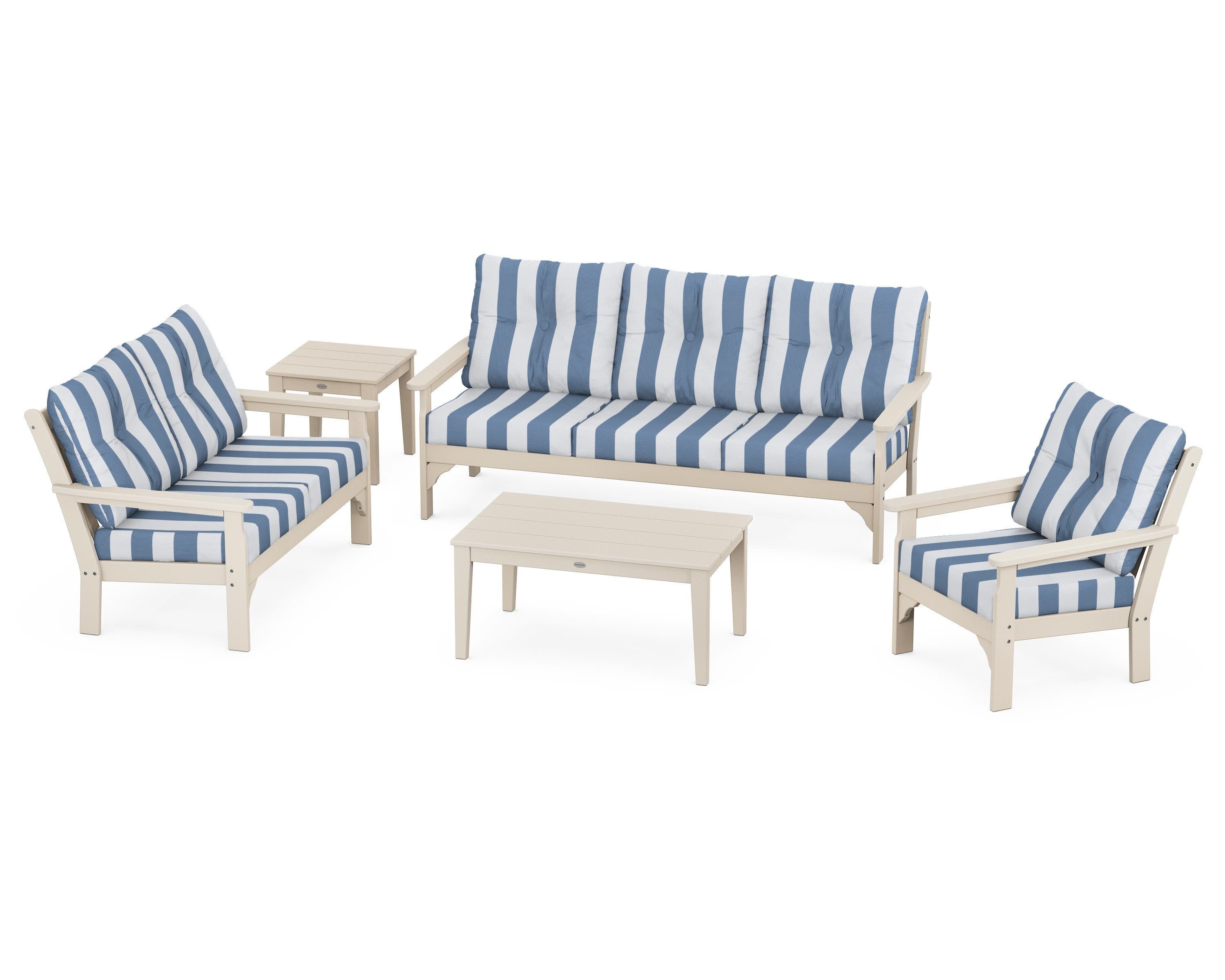 Vineyard 5 Piece Deep Seating Set in Sand / Cabana Stripe Sky Blue