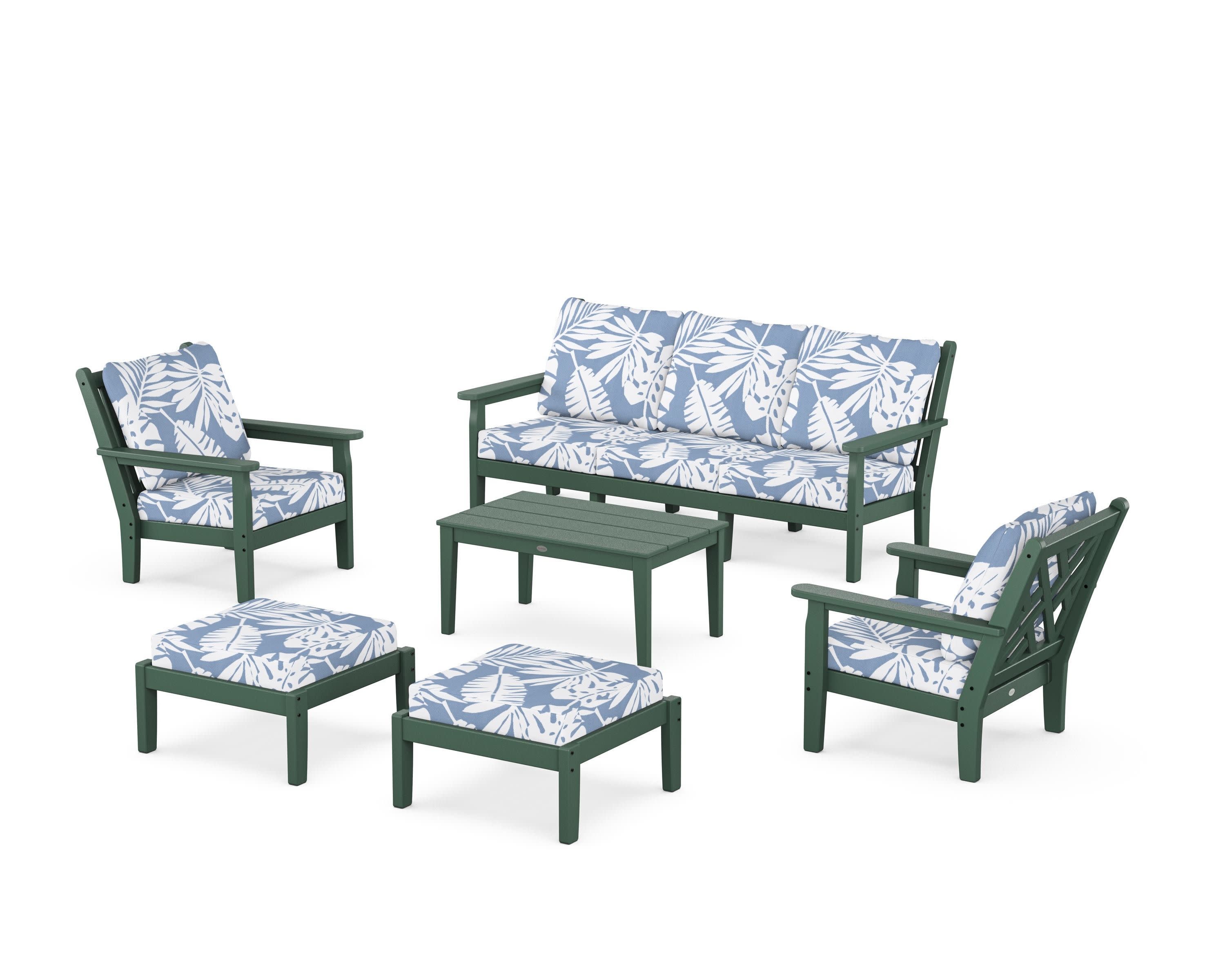 Chippendale 6-Piece Lounge Sofa Set in Green / Leaf Sky Blue