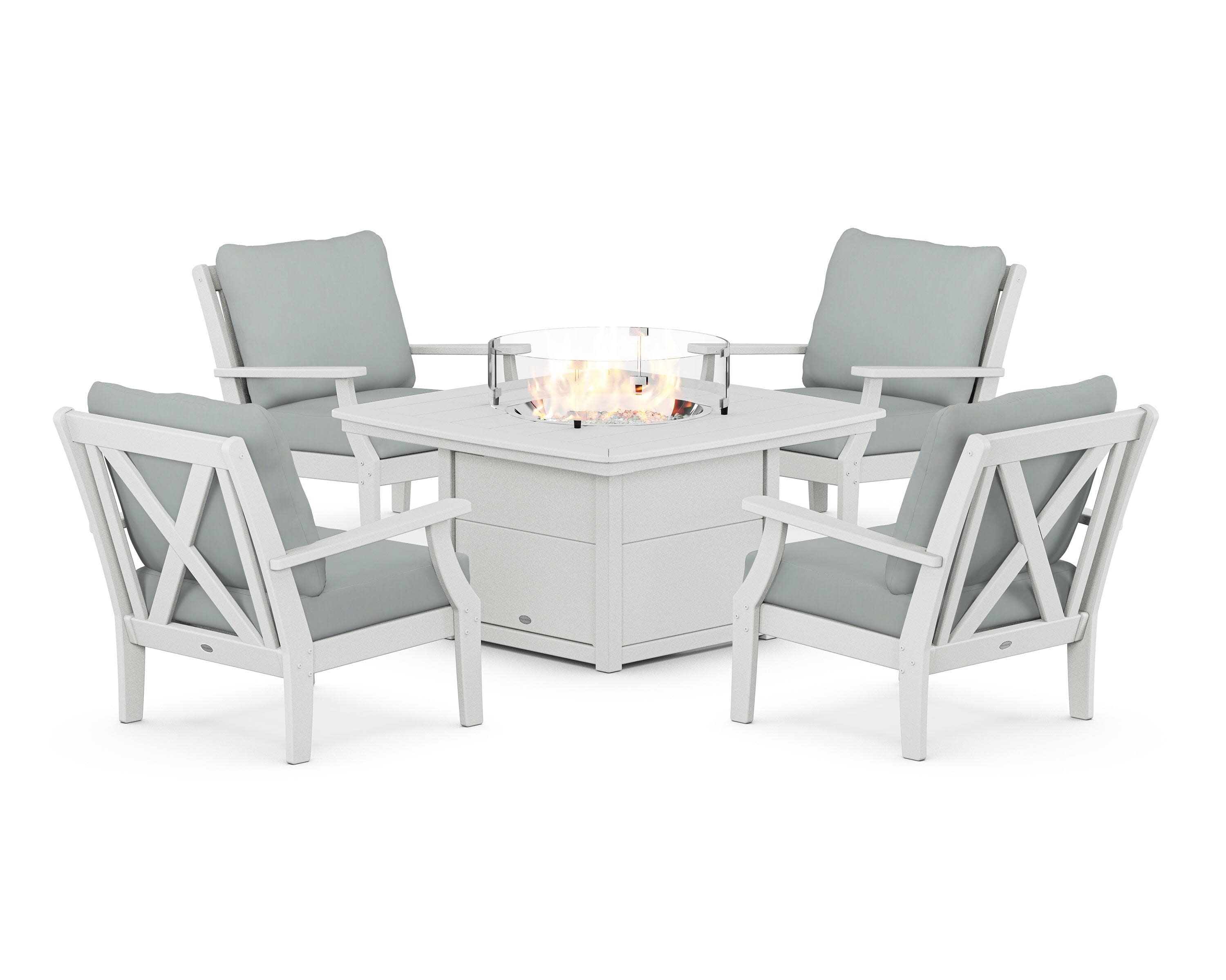 Braxton 5-Piece Deep Seating Conversation Set with Fire Pit Table in White / Spa