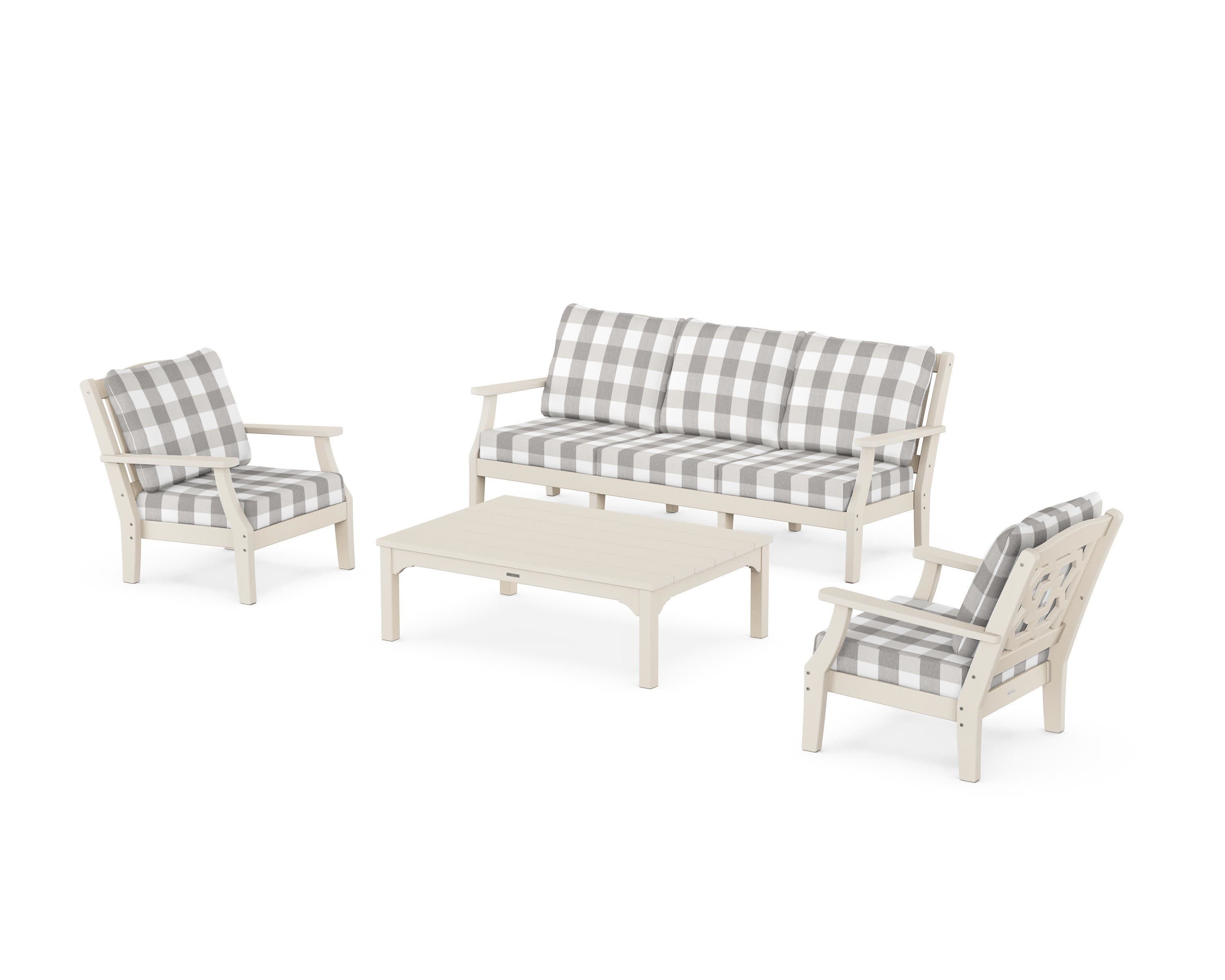 Chinoiserie 4-Piece Deep Seating Set with Sofa in Sand / Buffalo Plaid Grey Mist
