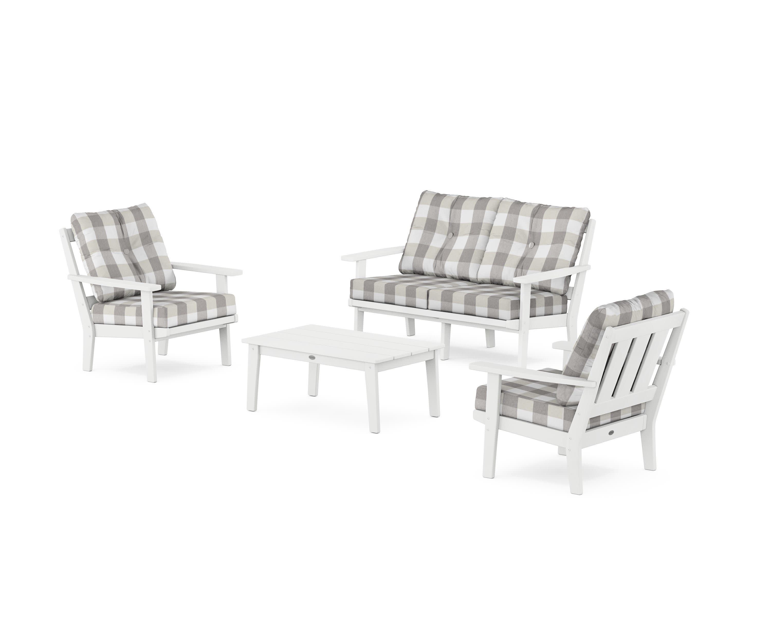 Oxford 4-Piece Deep Seating Set with Loveseat in White / Buffalo Plaid Grey Mist