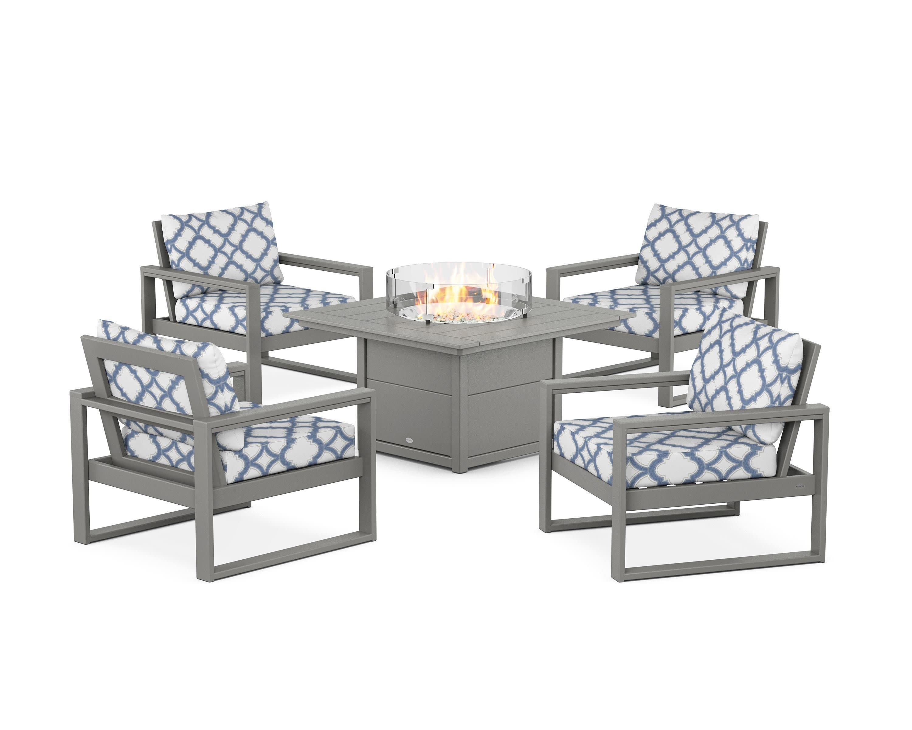 EDGE Sectional 5-Piece Deep Seating Set with Fire Pit Table in Slate Grey / Trellis Sky Blue