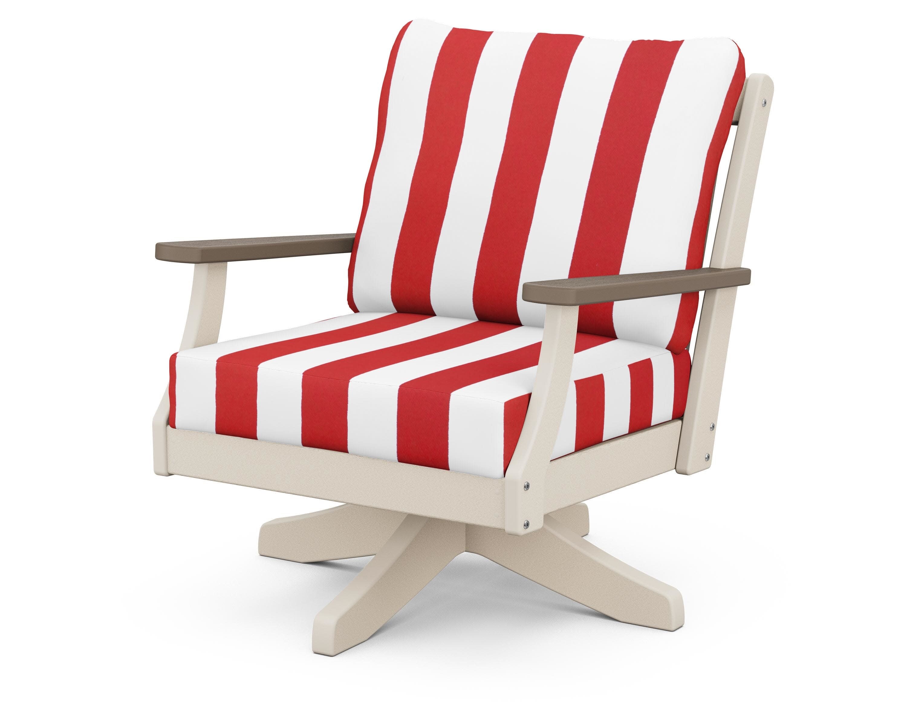 Braxton Deep Seating Swivel Chair in Sand / Kona / Cabana Stripe Crimson