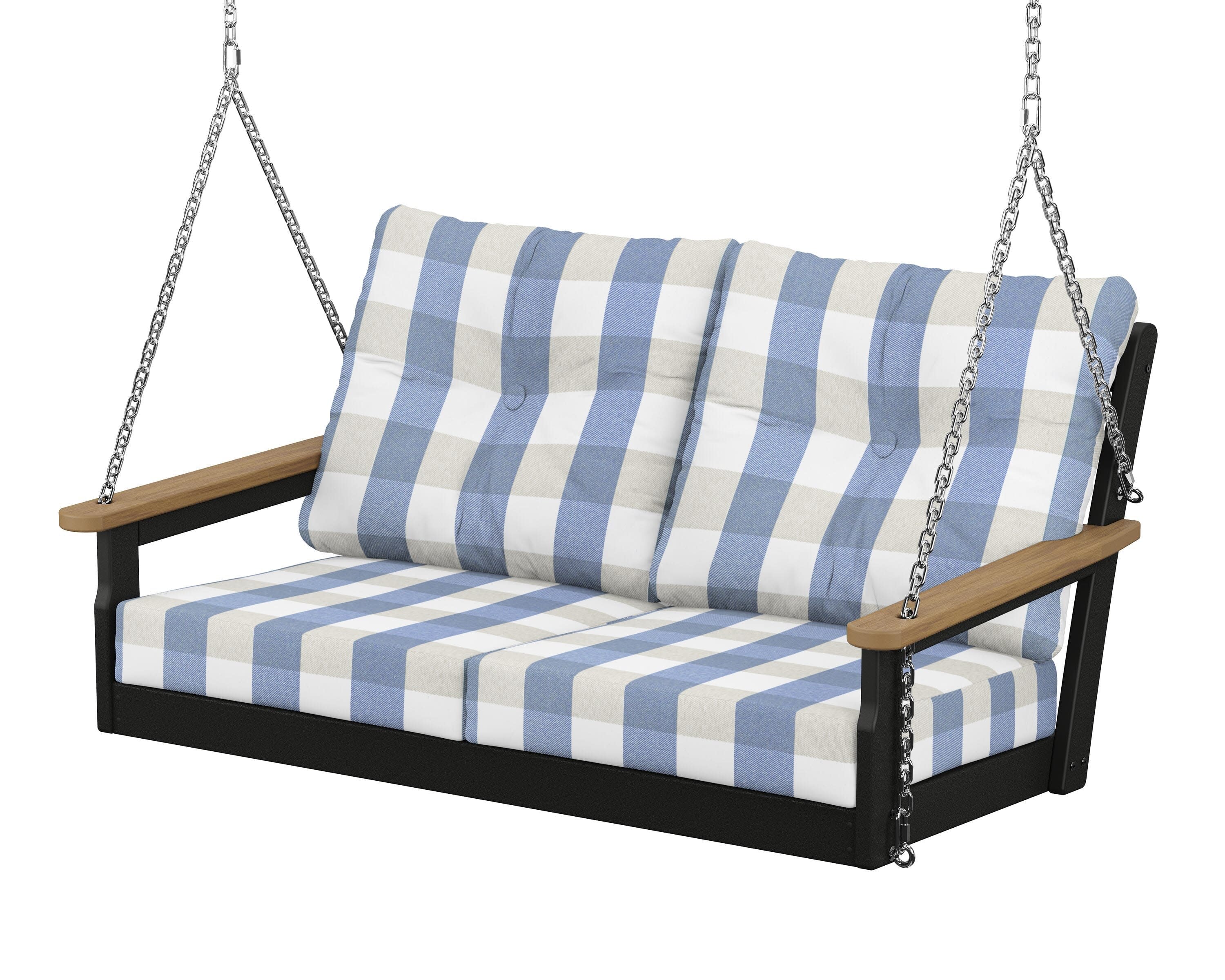 Vineyard Deep Seating Swing in Black / Natural / Buffalo Plaid Sky Blue