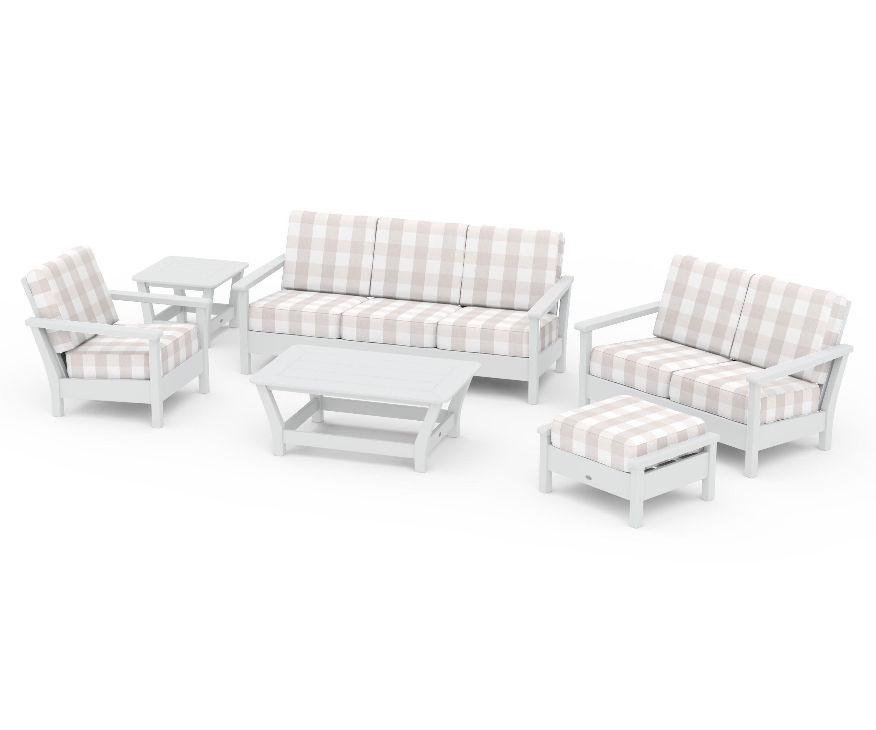 Harbour 6-Piece Outdoor Living Set in White / Buffalo Plaid Dune Burlap
