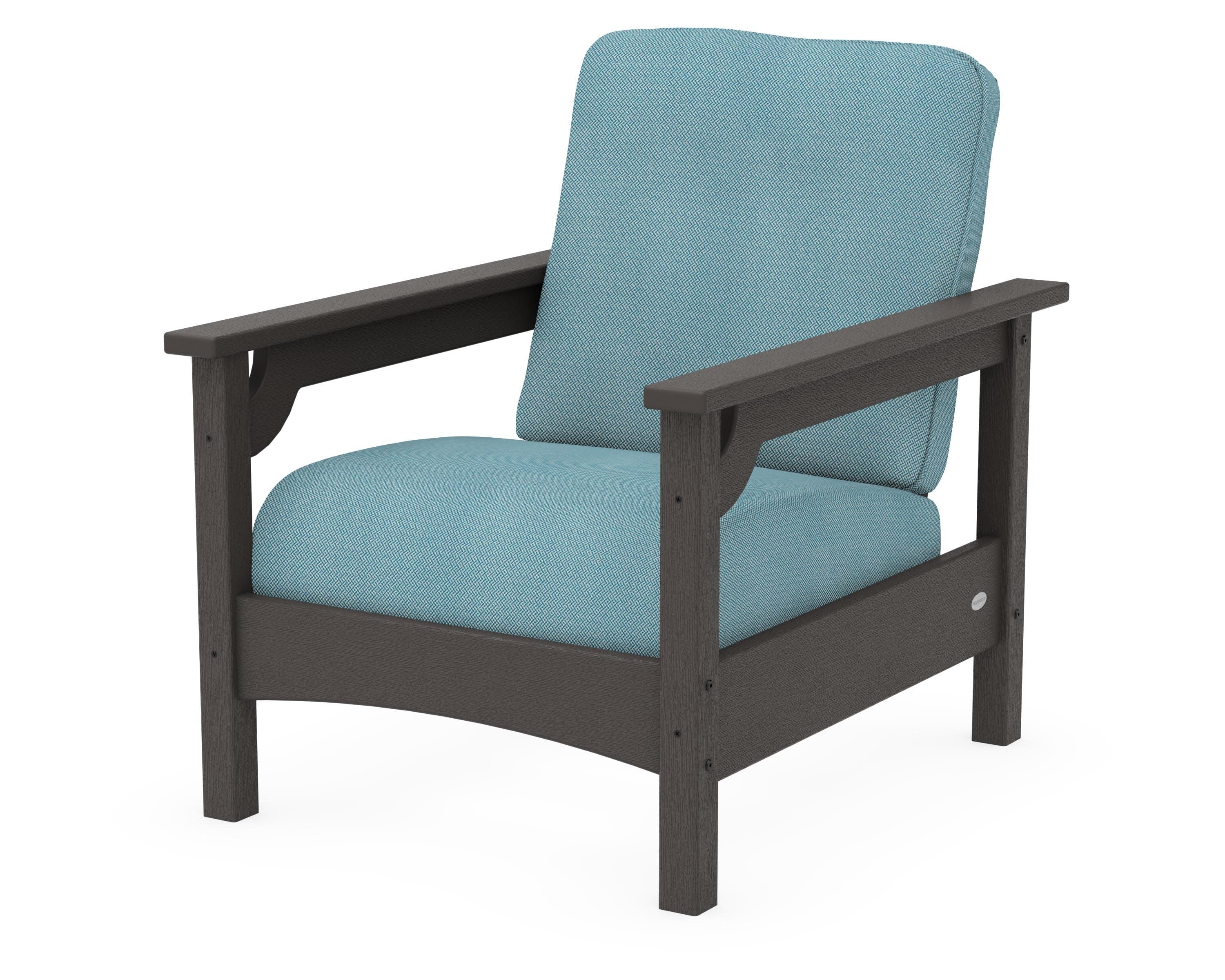 Club Chair in Vintage Coffee / Lattice Sky Blue