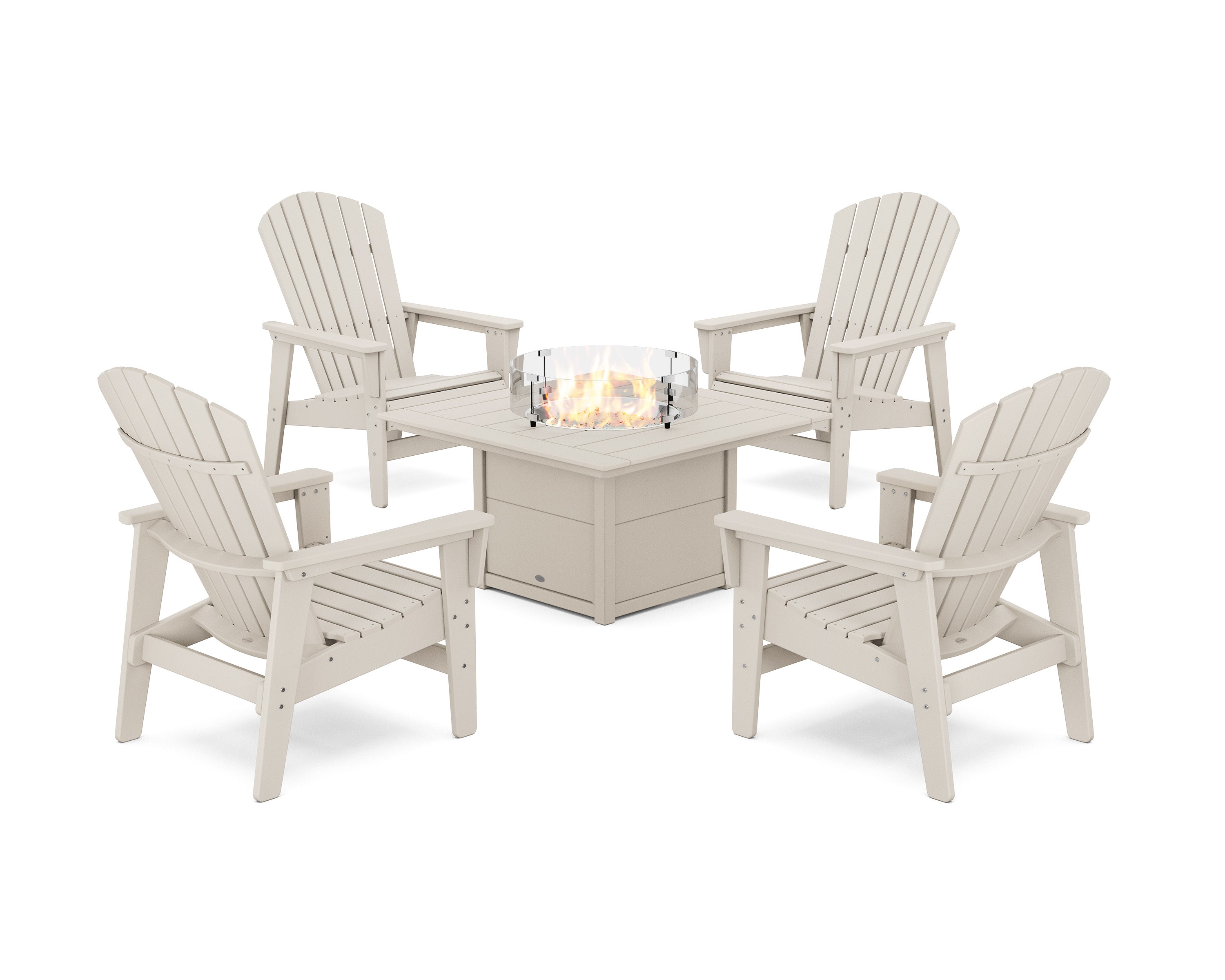 5-Piece Nautical Grand Upright Adirondack Conversation Set with Fire Pit Table in Sand