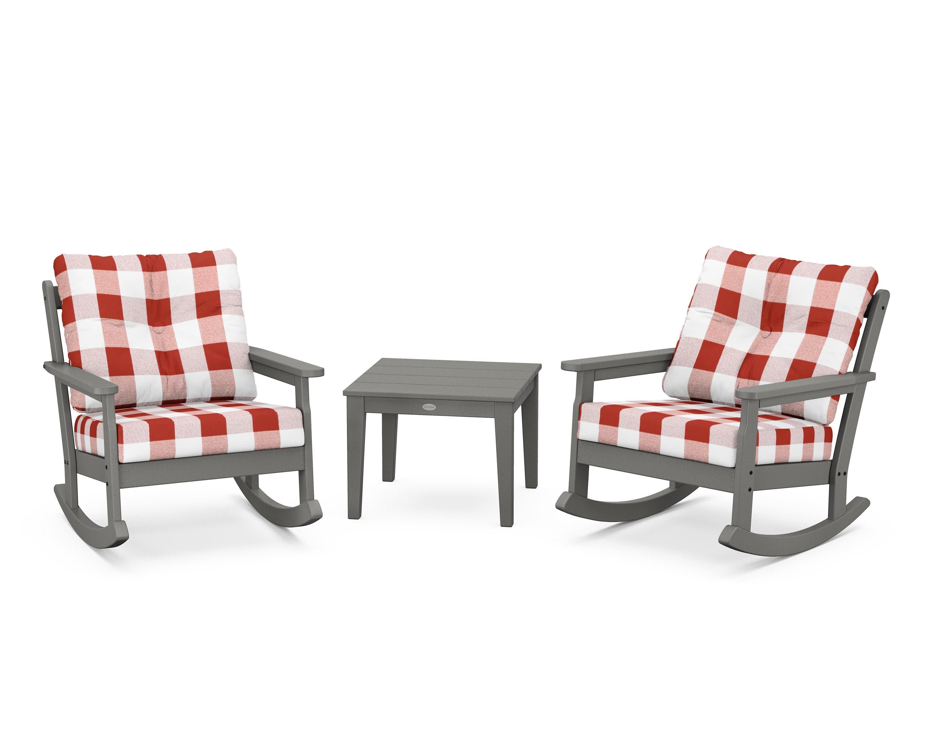Vineyard 3-Piece Deep Seating Rocker Set in Slate Grey / Buffalo Plaid Crimson