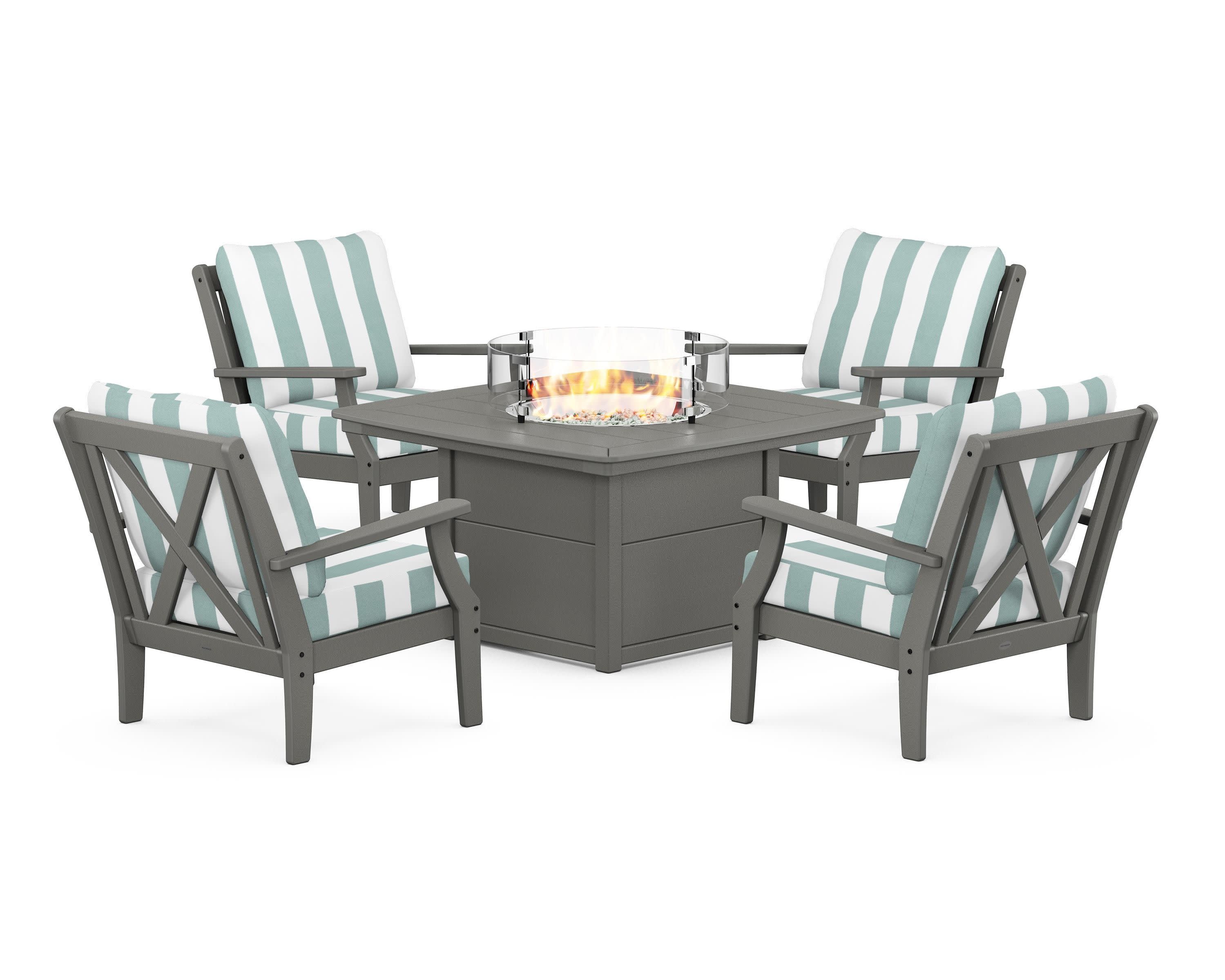 Braxton 5-Piece Deep Seating Conversation Set with Fire Pit Table in Slate Grey / Cabana Stripe Glacier Spa