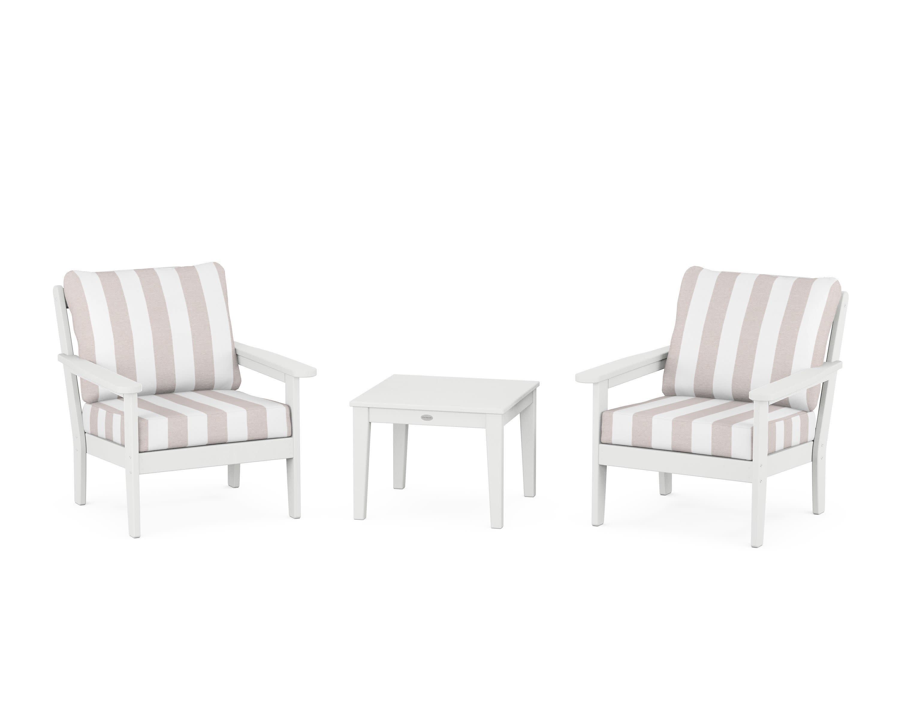 Cottage 3-Piece Deep Seating Set in White / Cabana Stripe Dune Burlap