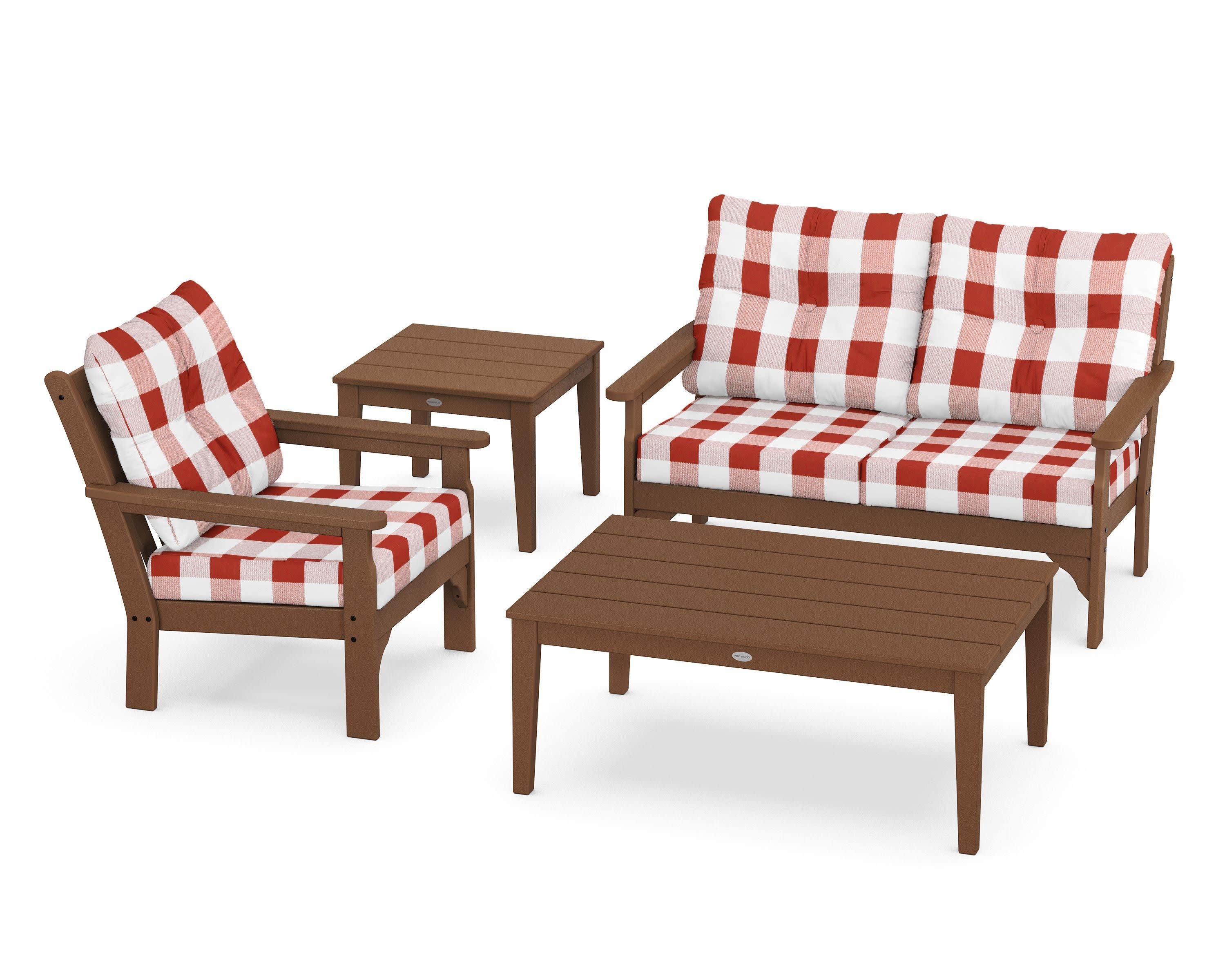Vineyard 4-Piece Deep Seating Set in Teak / Buffalo Plaid Crimson