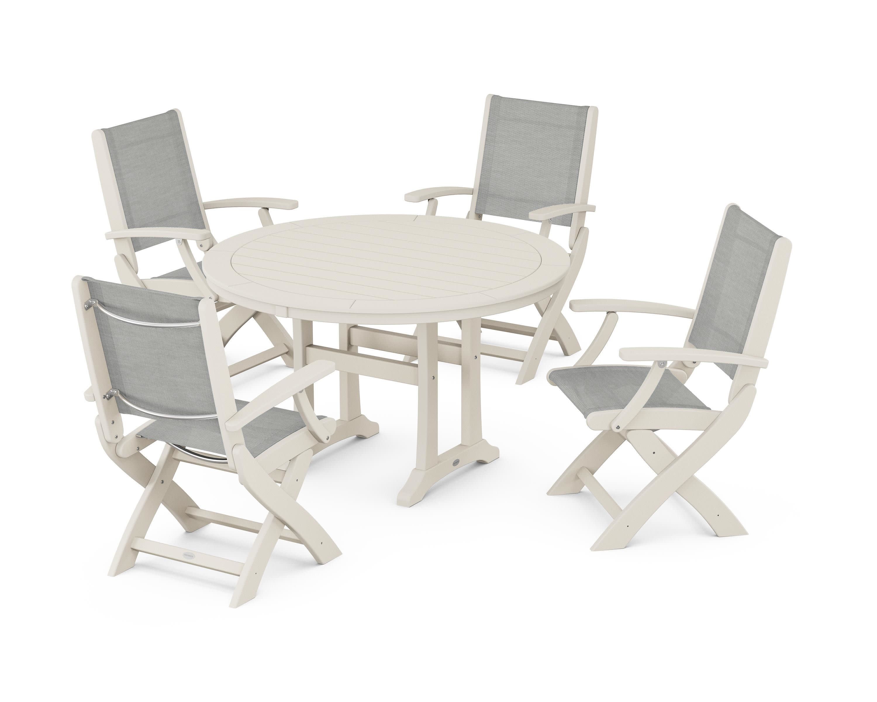 Coastal Folding Chair 5-Piece Round Dining Set with Trestle Legs in Sand / Metallic Sling