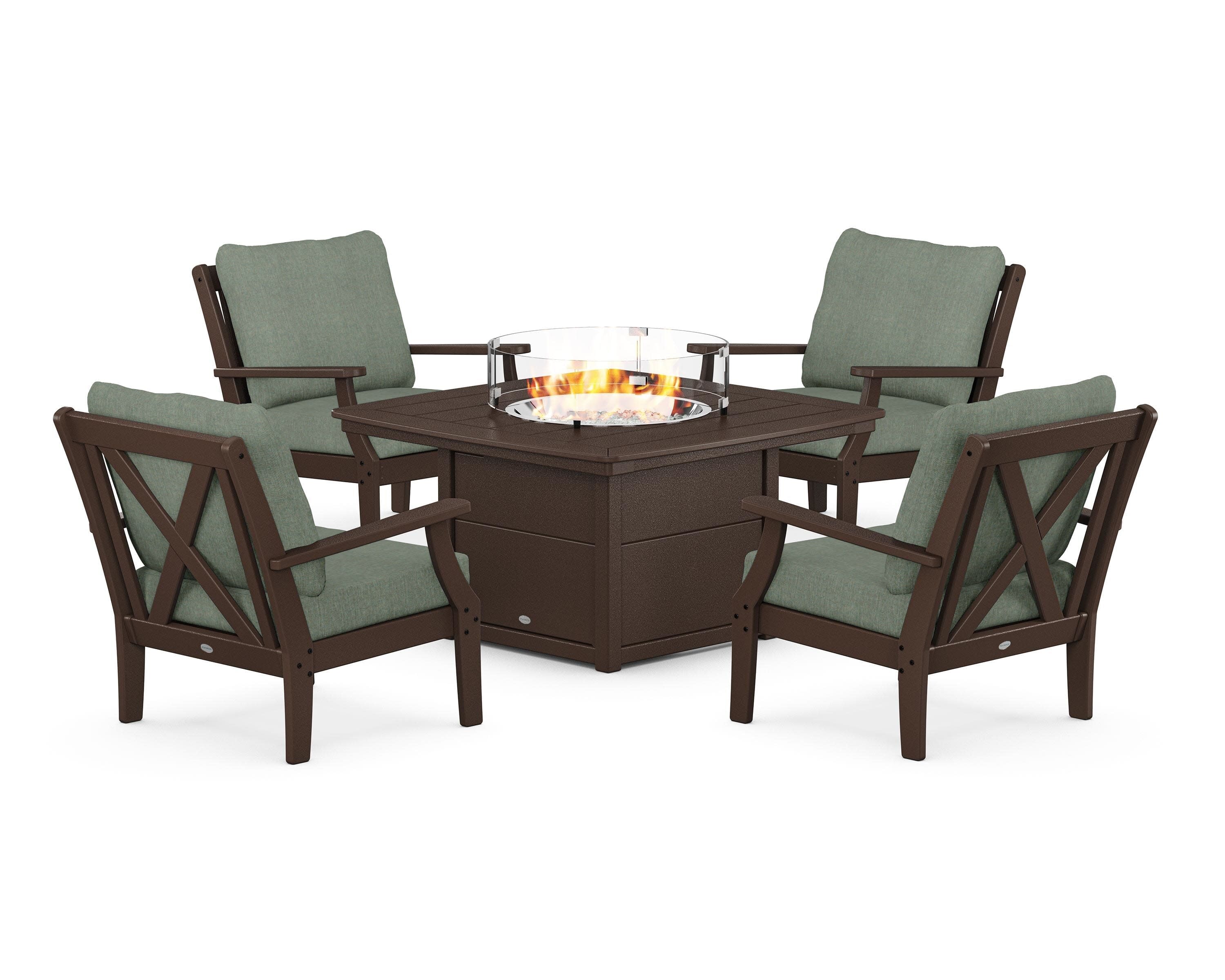 Braxton 5-Piece Deep Seating Conversation Set with Fire Pit Table in Mahogany / Cast Sage