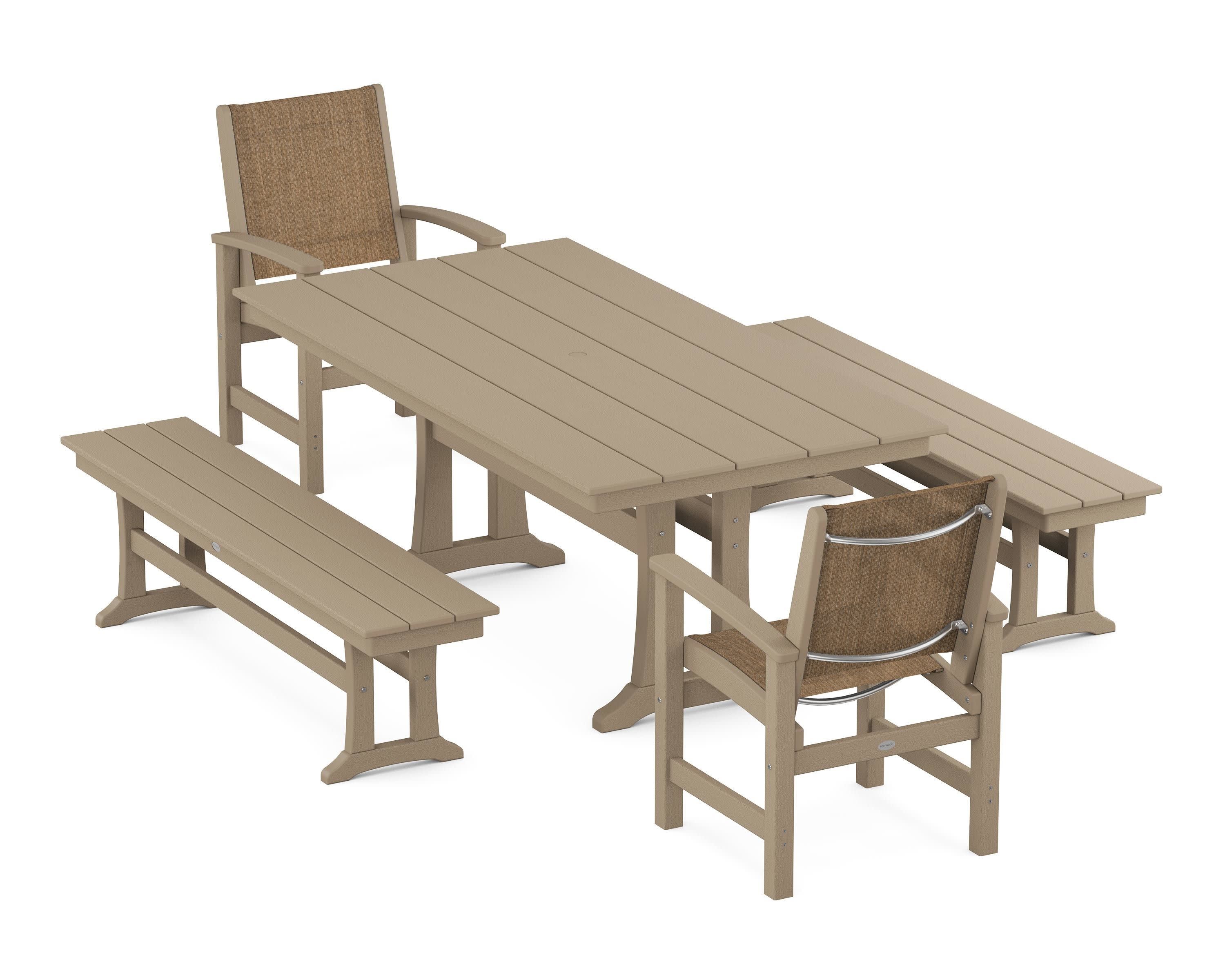 Coastal 5-Piece Farmhouse Dining Set with Trestle Legs and Benches in Vintage Sahara / Burlap Sling