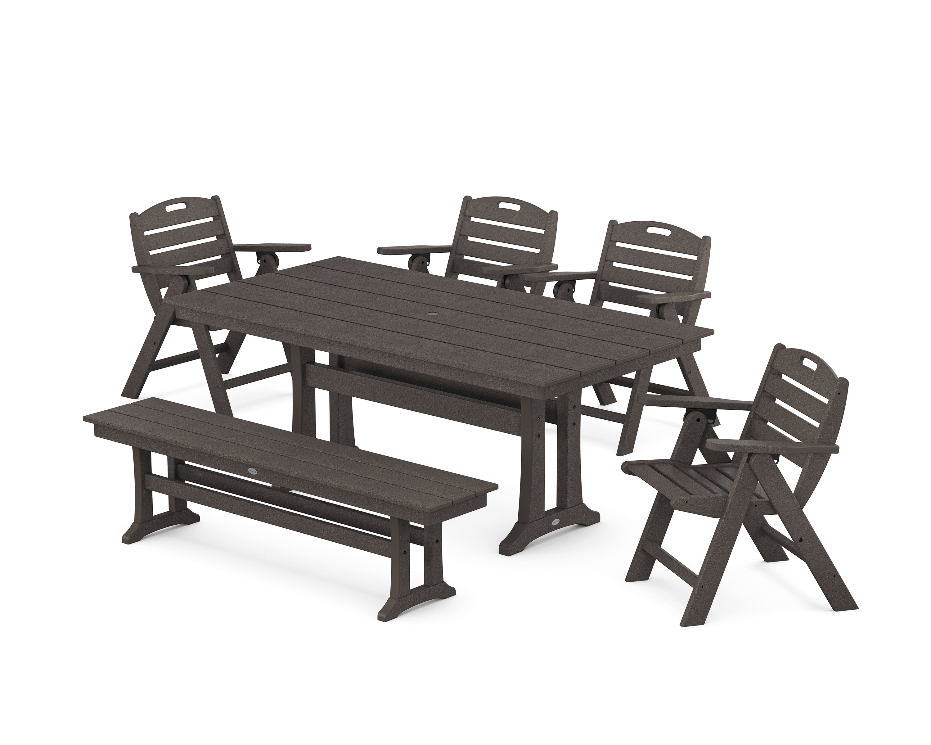 Nautical Lowback 6-Piece Farmhouse Dining Set with Trestle Legs and Bench in Vintage Coffee
