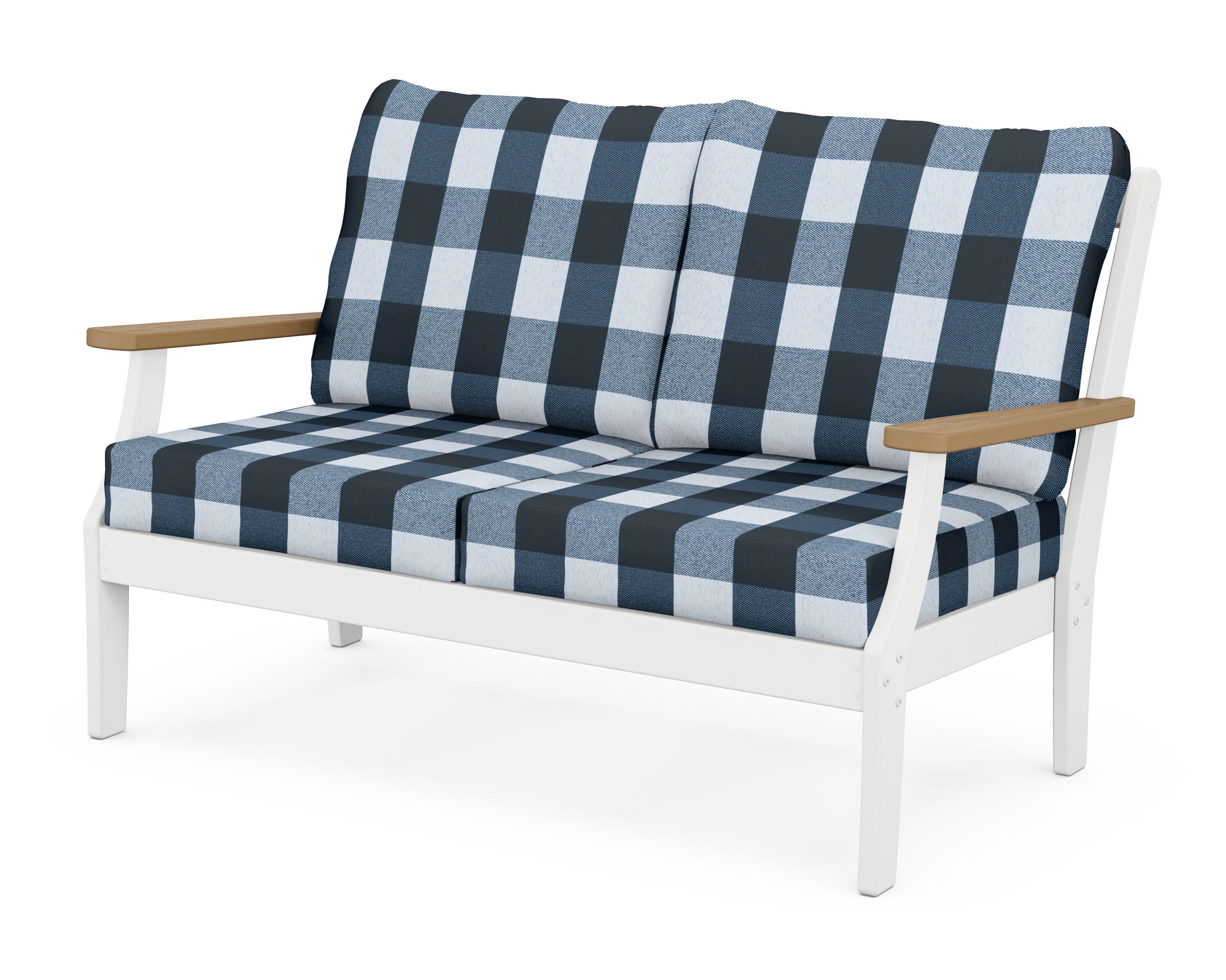 Braxton Deep Seating Loveseat in White / Natural / Buffalo Plaid Marine Indigo